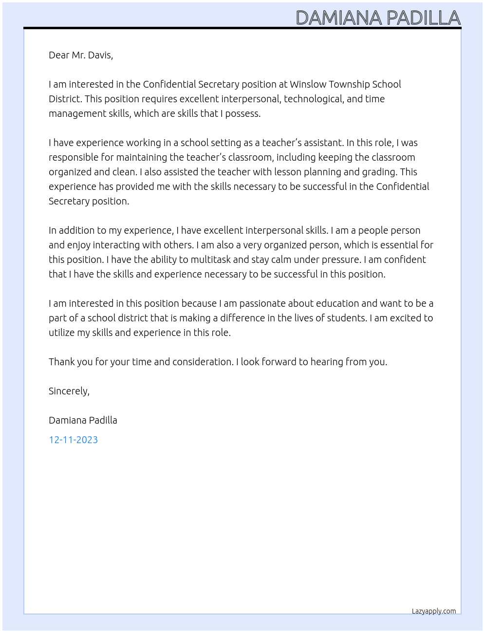 Confidential Secretary At Winslow Township School District Cover Letter