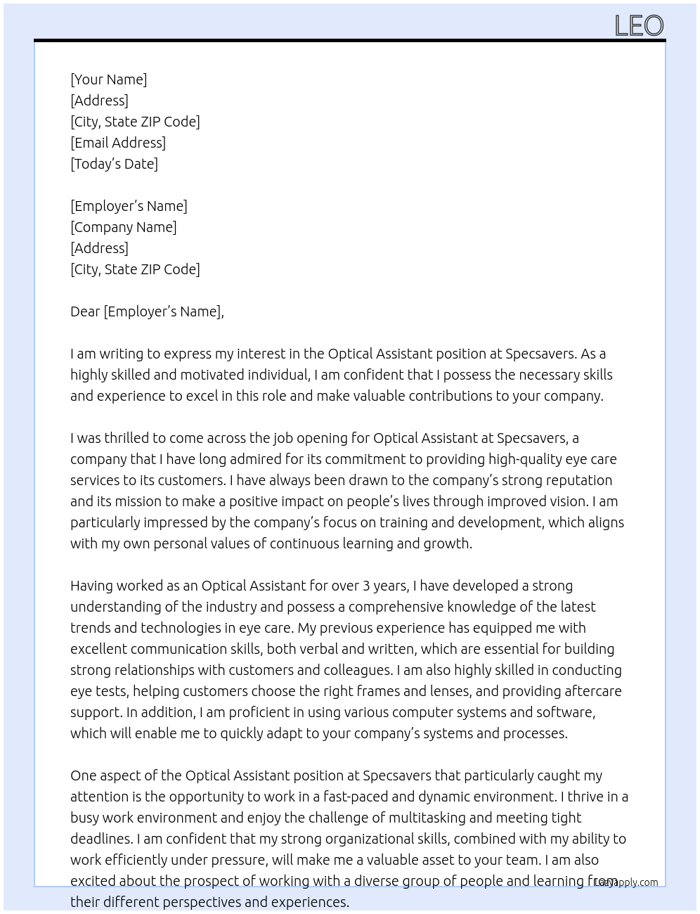 Optical Assistant  At Specsavers  Cover Letter