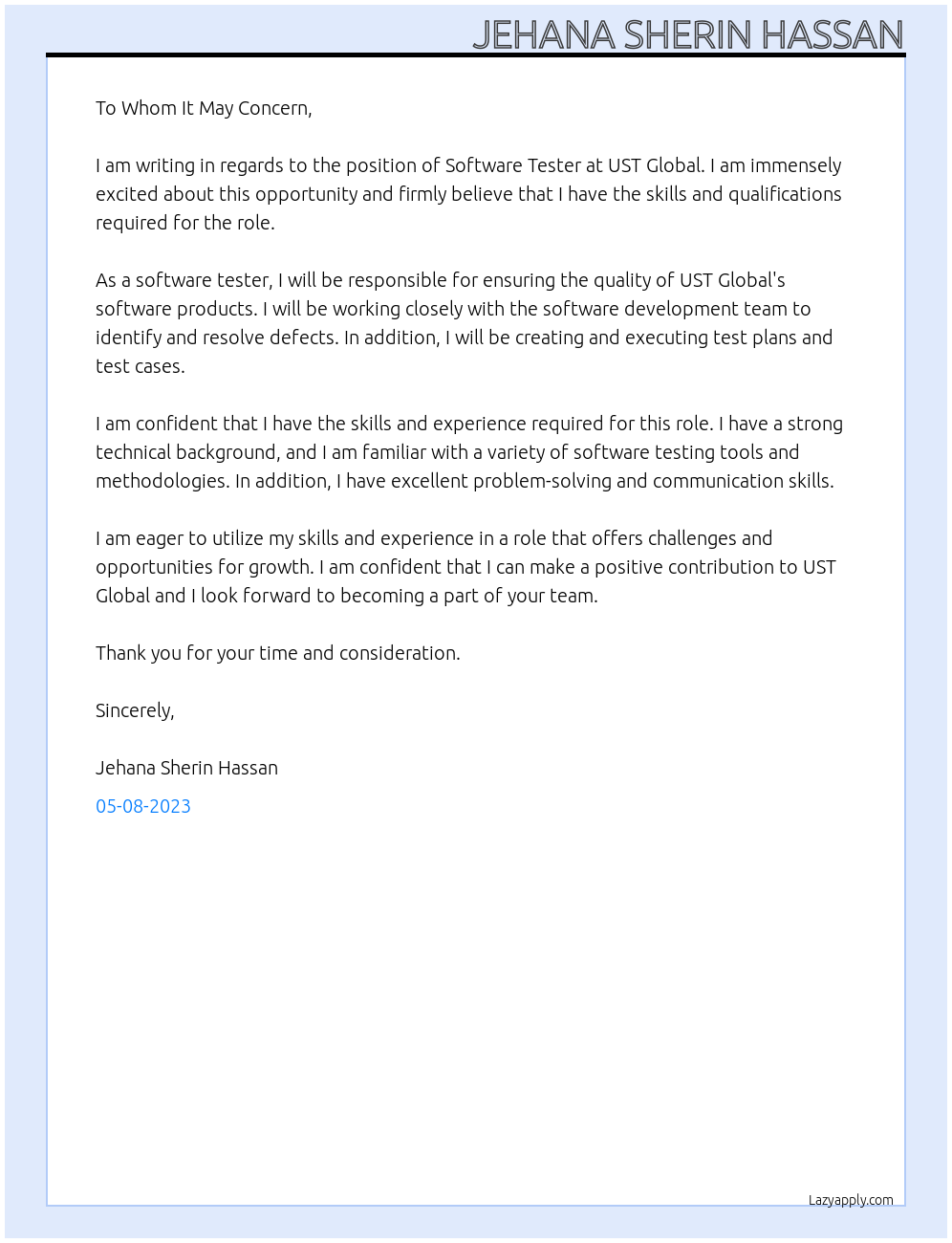 Software Tester At UST Global Cover Letter