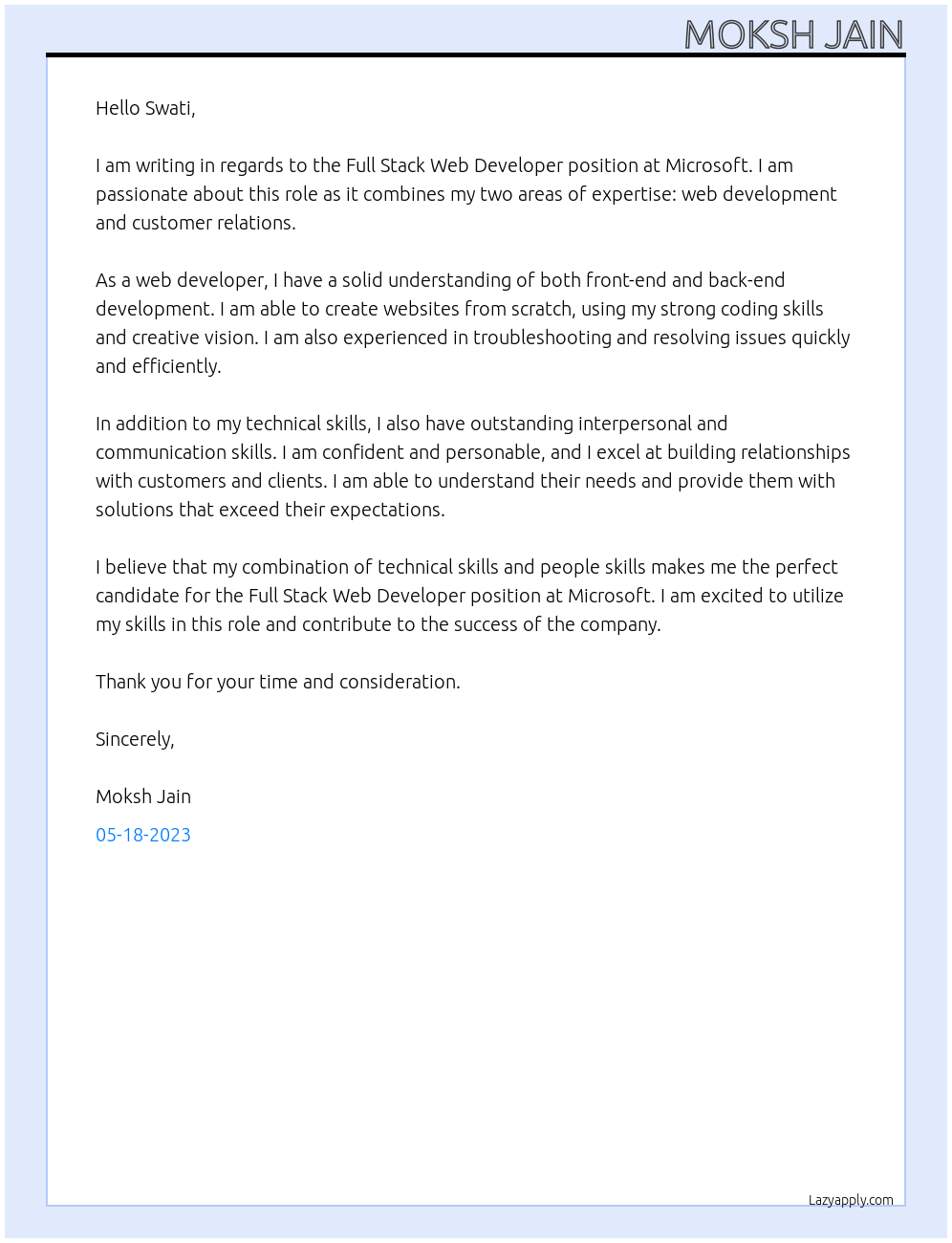 Full stack web developer At Mirosoft Cover Letter