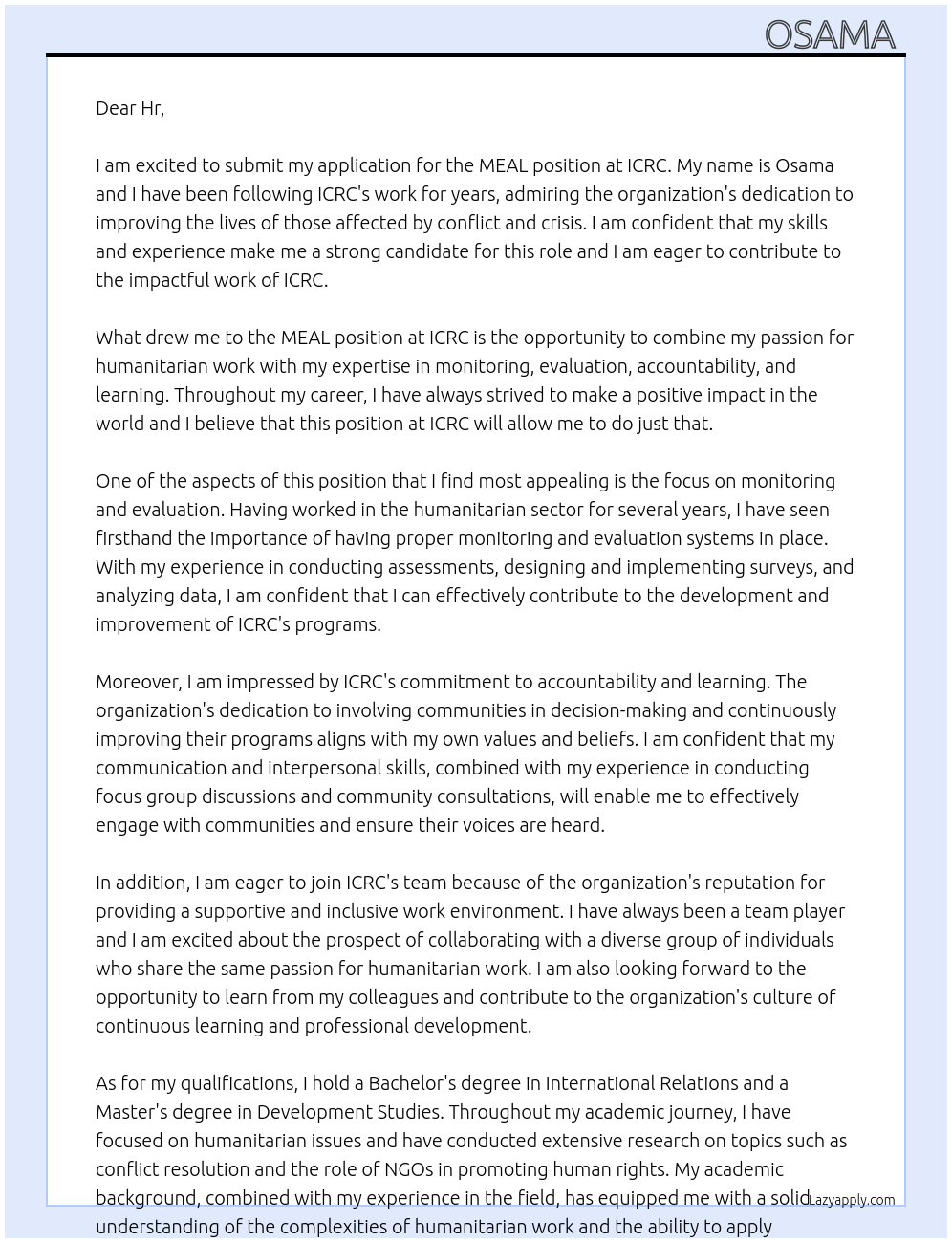 MEAL At ICRC Cover Letter