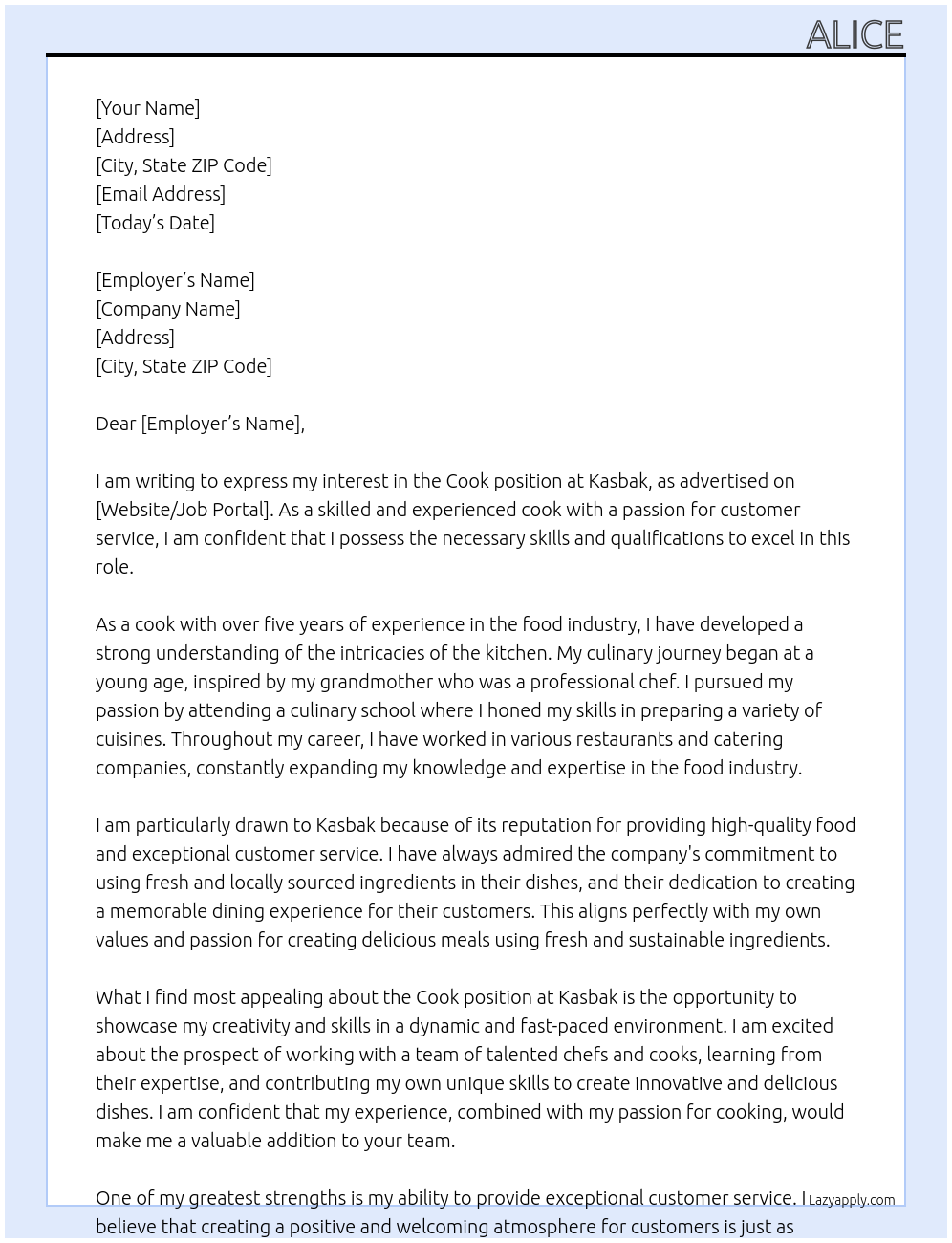Cook At kasbak Cover Letter