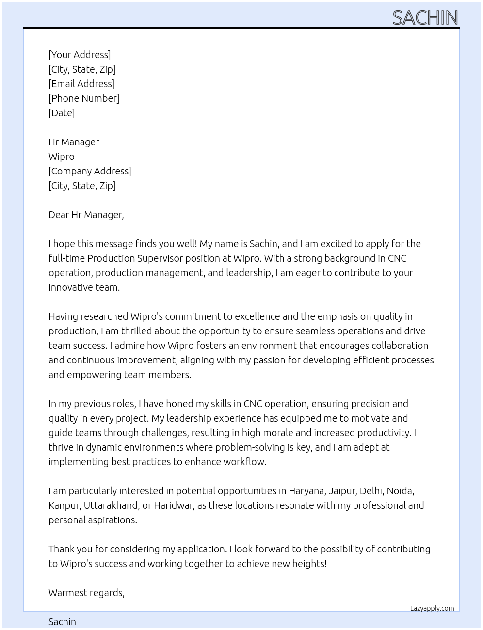 production supervisor At wipro Cover Letter