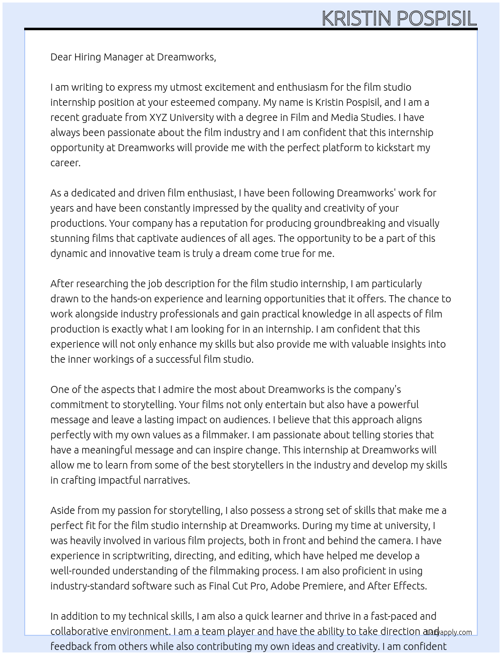 film studio internship At Dreamworks Cover Letter