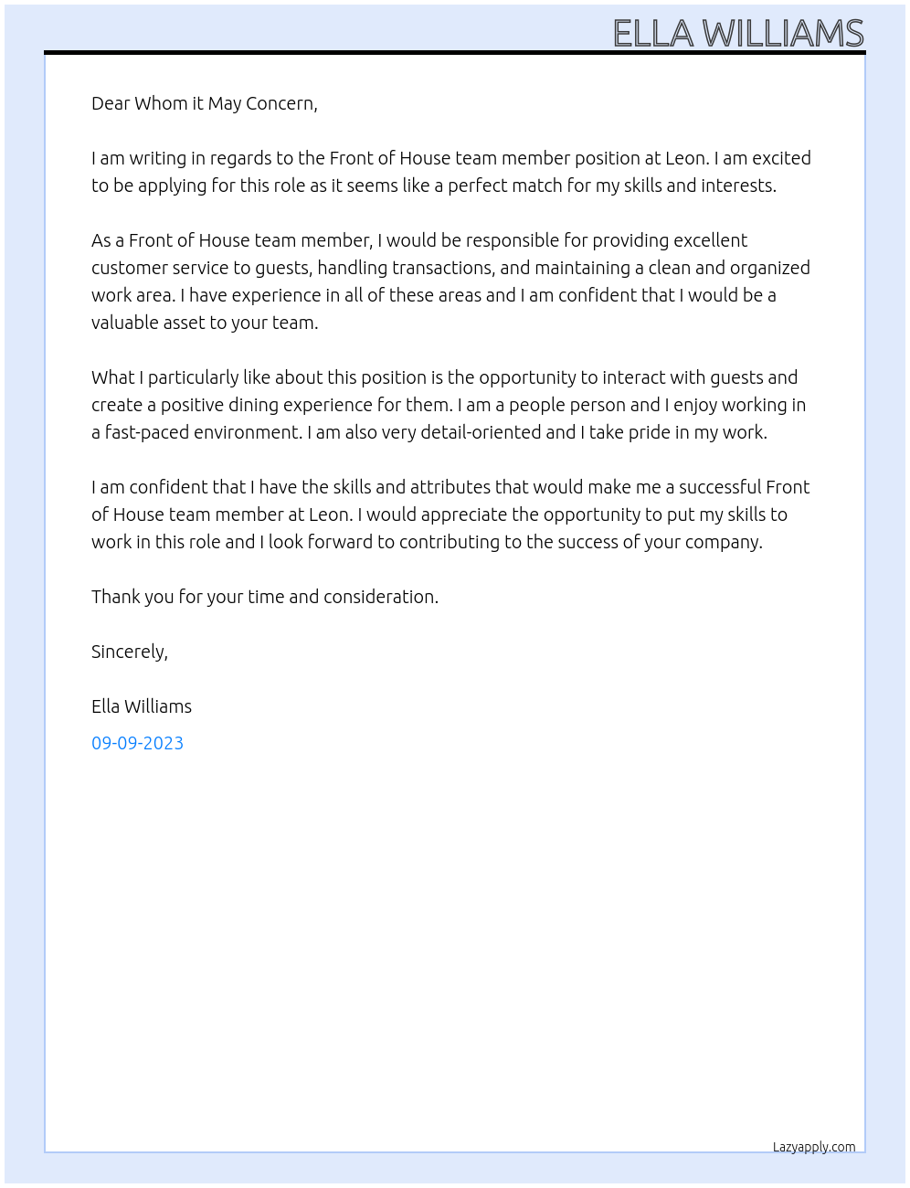 Front of House team member At Leon Cover Letter