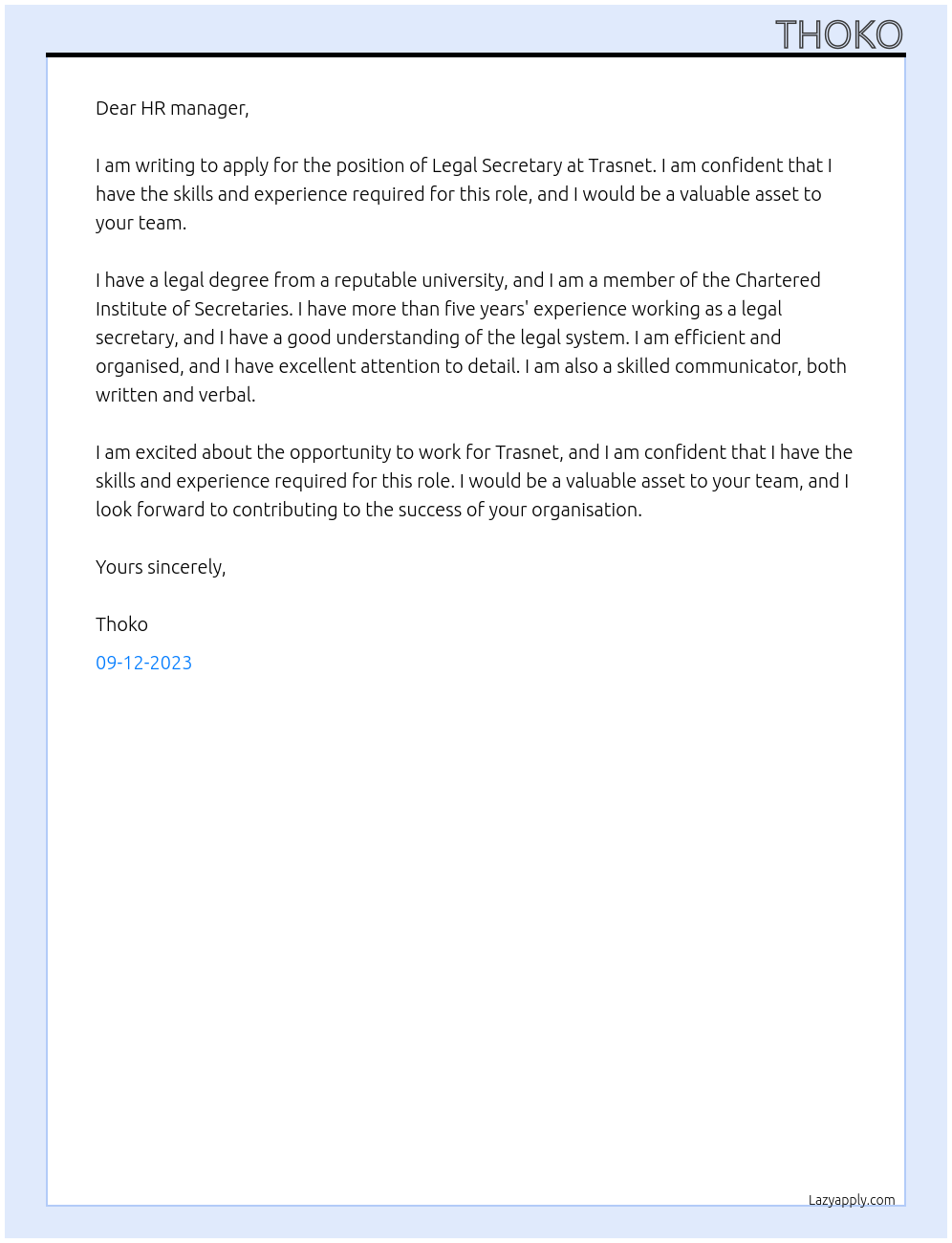 Legal Secretary At Trasnet Cover Letter