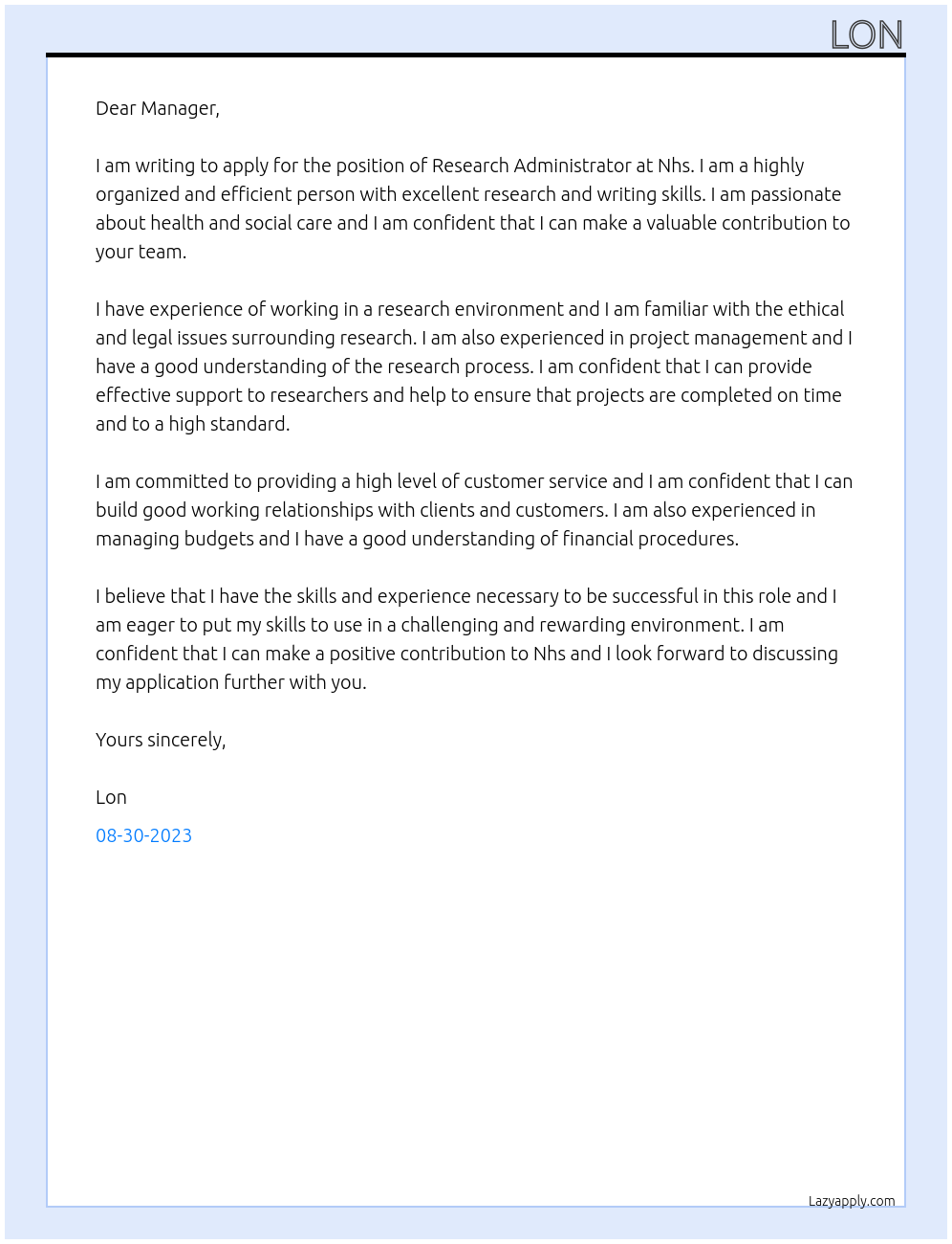 Research Administrator At Nhs Cover Letter