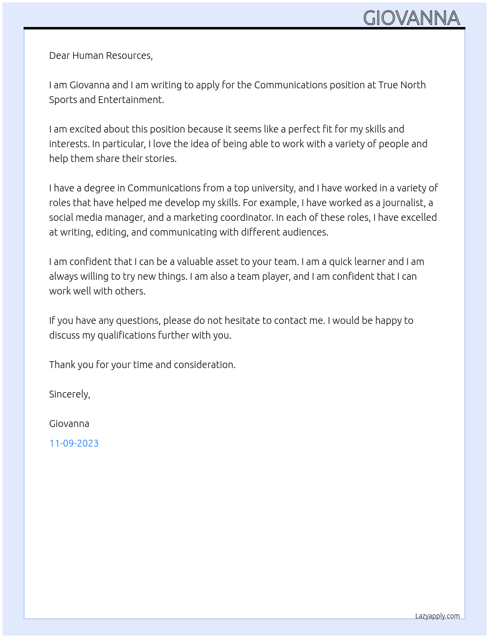 Communications At True North Sports and Entertainment Cover Letter