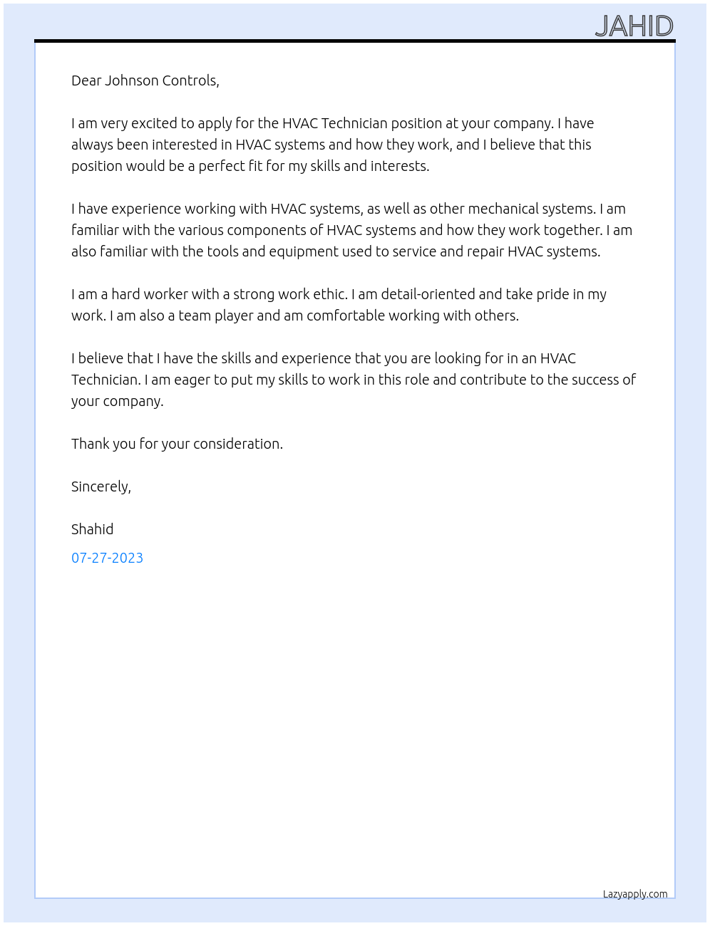 Hvac Technician At Johnson control Cover Letter