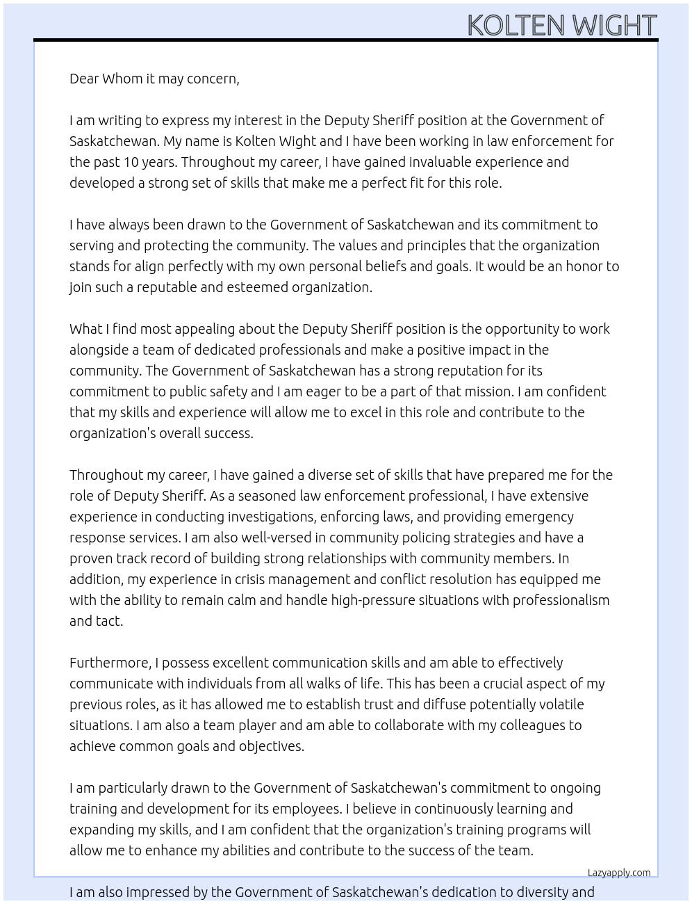Deputy Sheriff At Government Of Saskatchewan Cover Letter