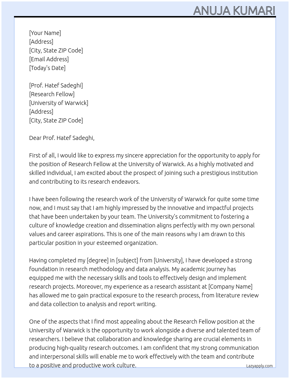 Research fellow At University of warwick Cover Letter