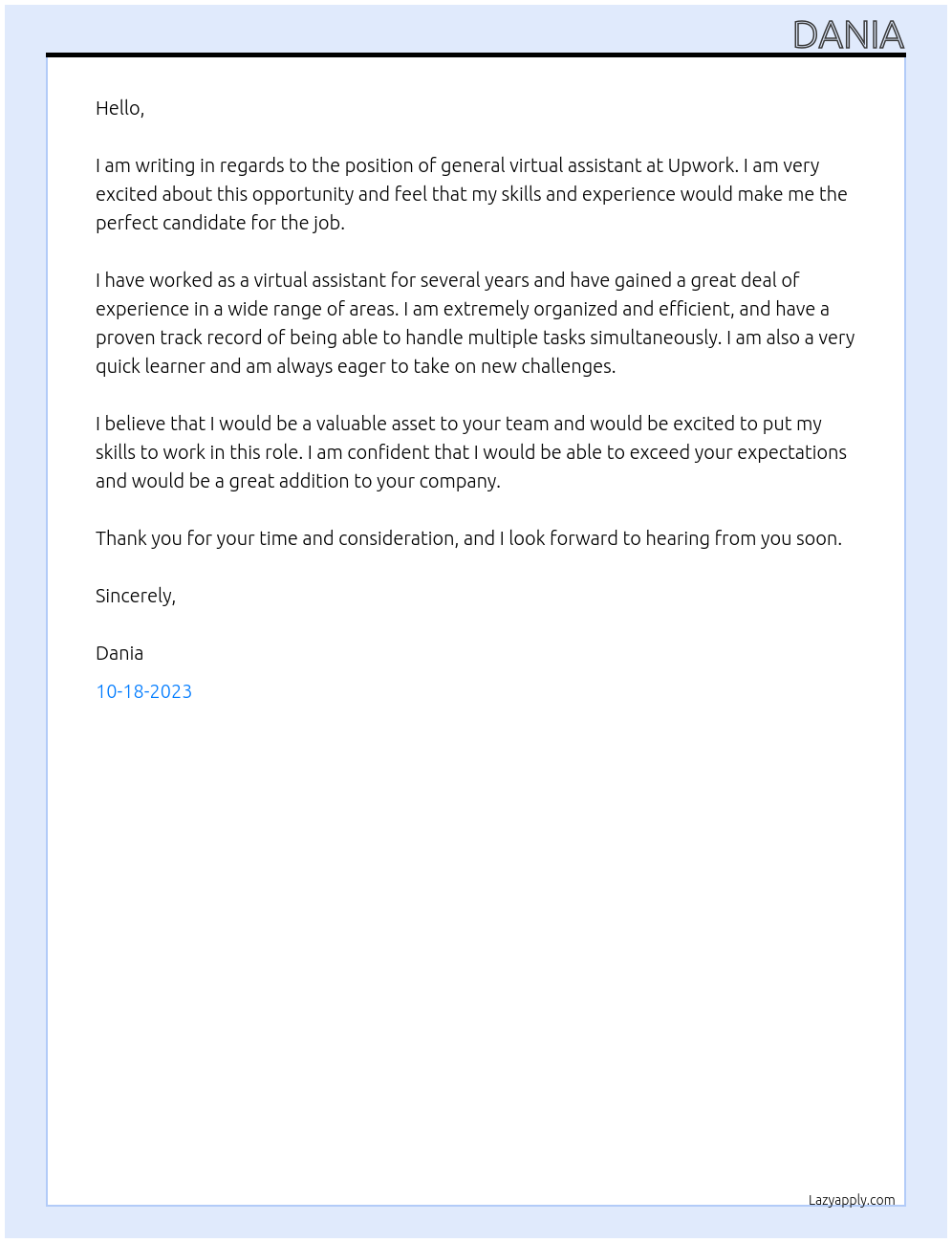 general virtual assistant At Upwork Cover Letter