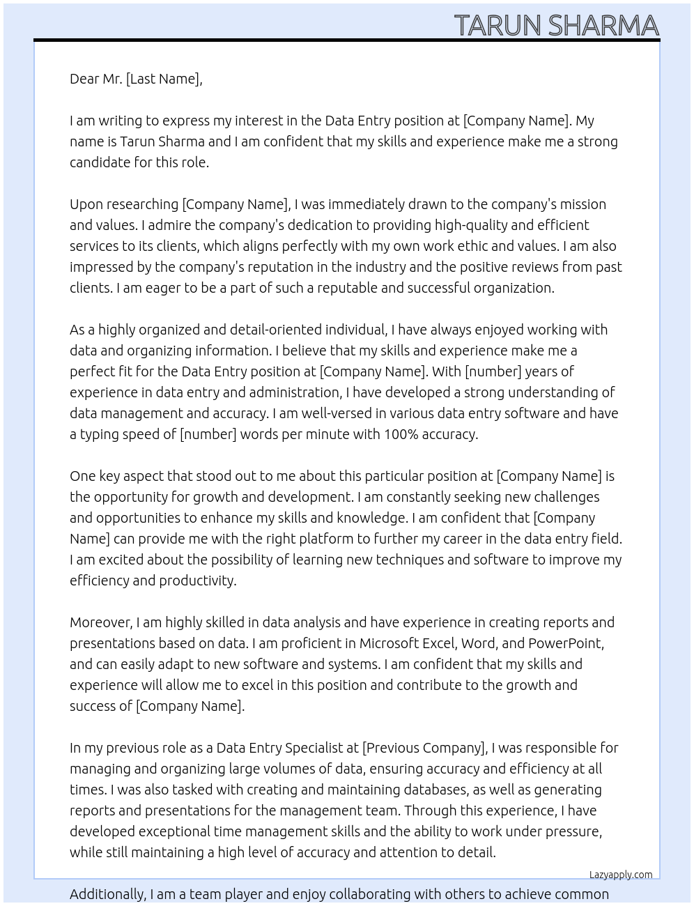 data entery  At freelancing Cover Letter