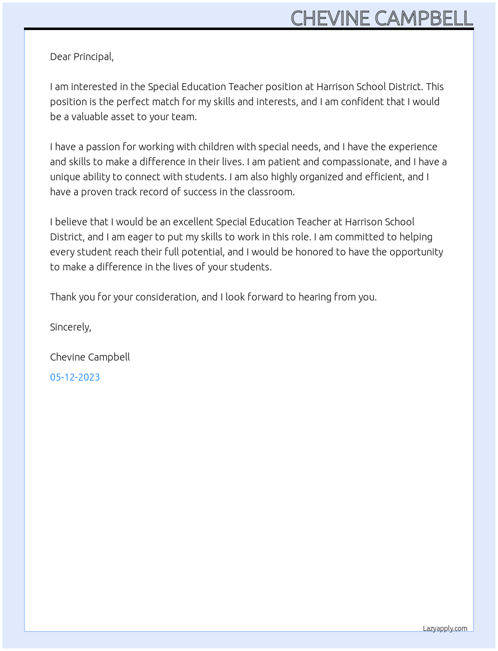 Special Education Teacher At Harrison School District Cover Letter