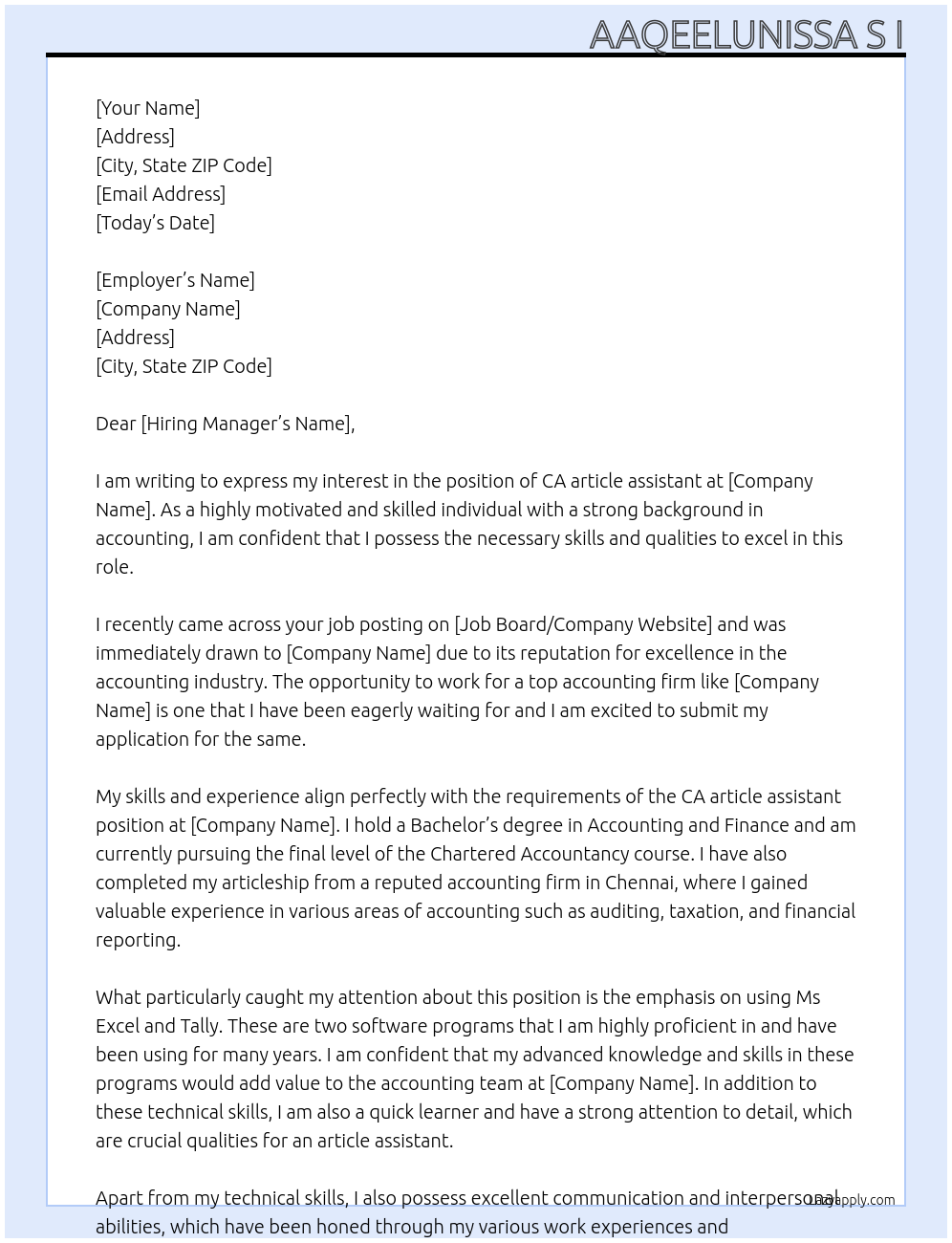 CA article assistant At All Cover Letter