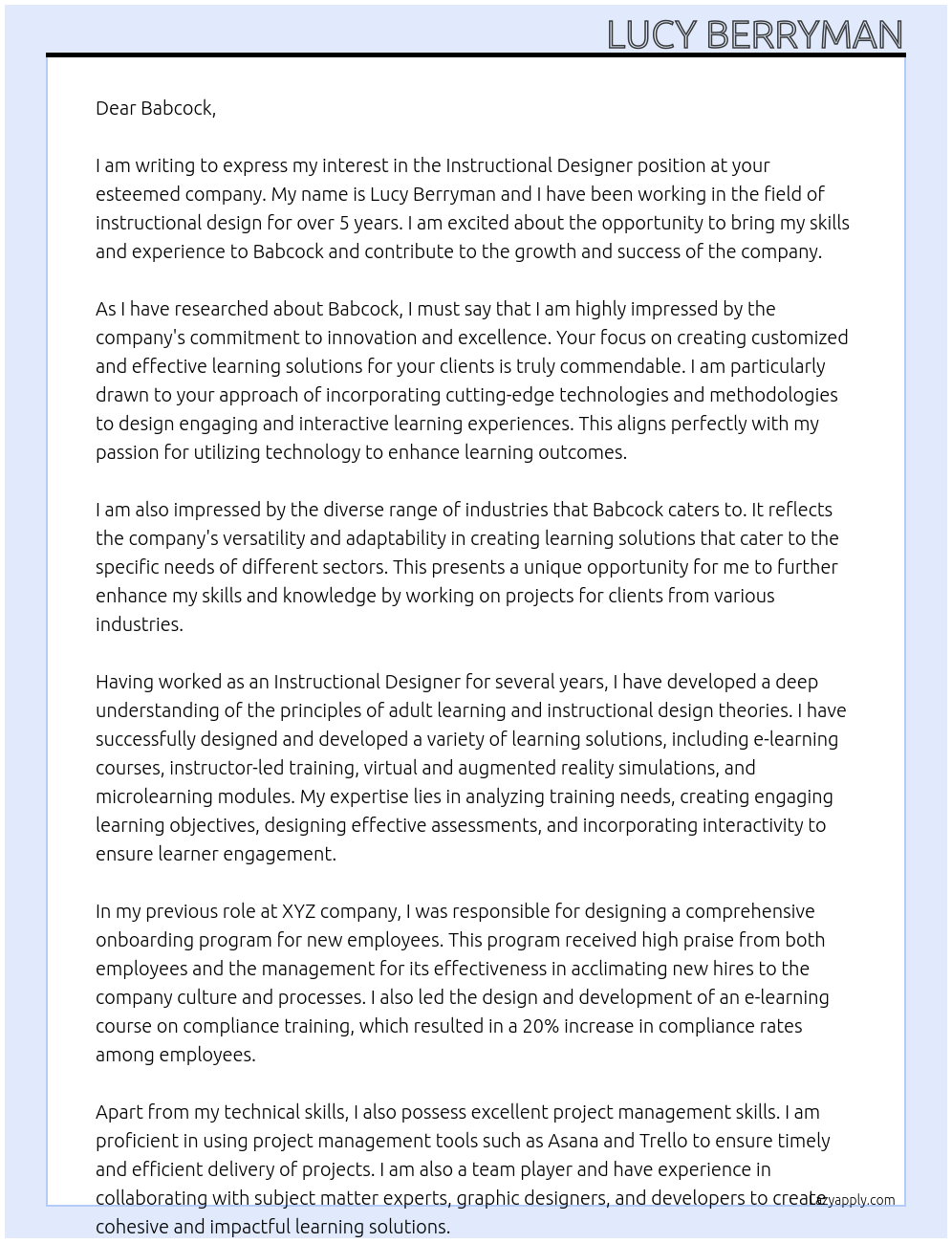 instructional designer At Babcock Cover Letter