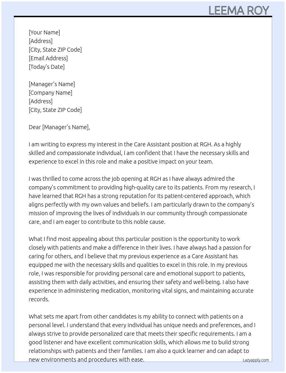 Care Assistant  At RGH  Cover Letter