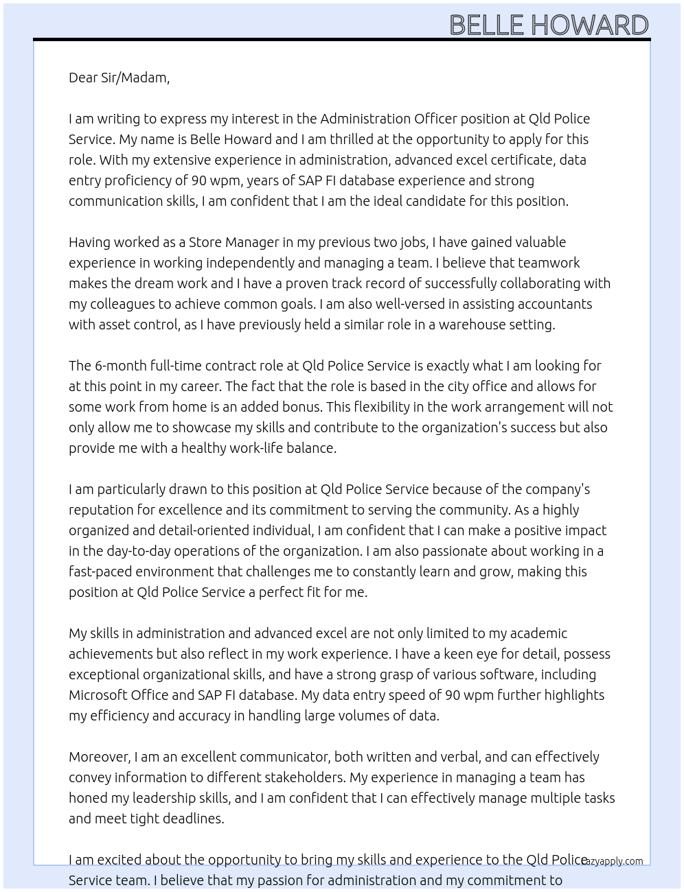 Administration Officer At Qld Police Service Cover Letter