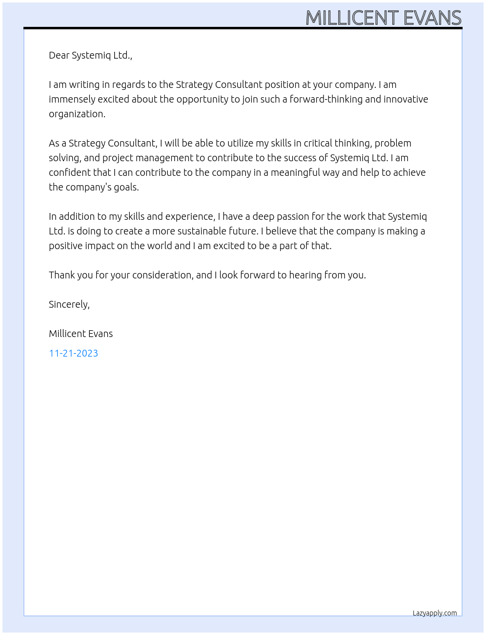 Strategy Consultant At Systemiq Ltd. Cover Letter