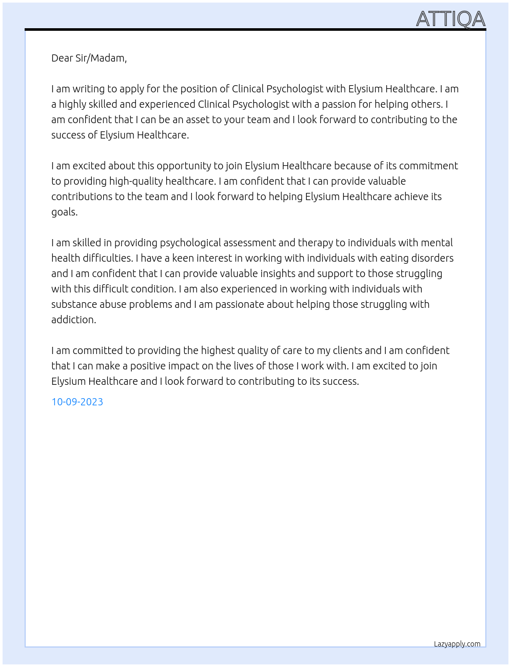 Clinical Psychologist At Jobrapido for Elysium Healthcare Cover Letter