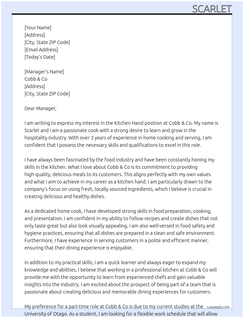 Kitchen Hand At Cobb & Co Cover Letter