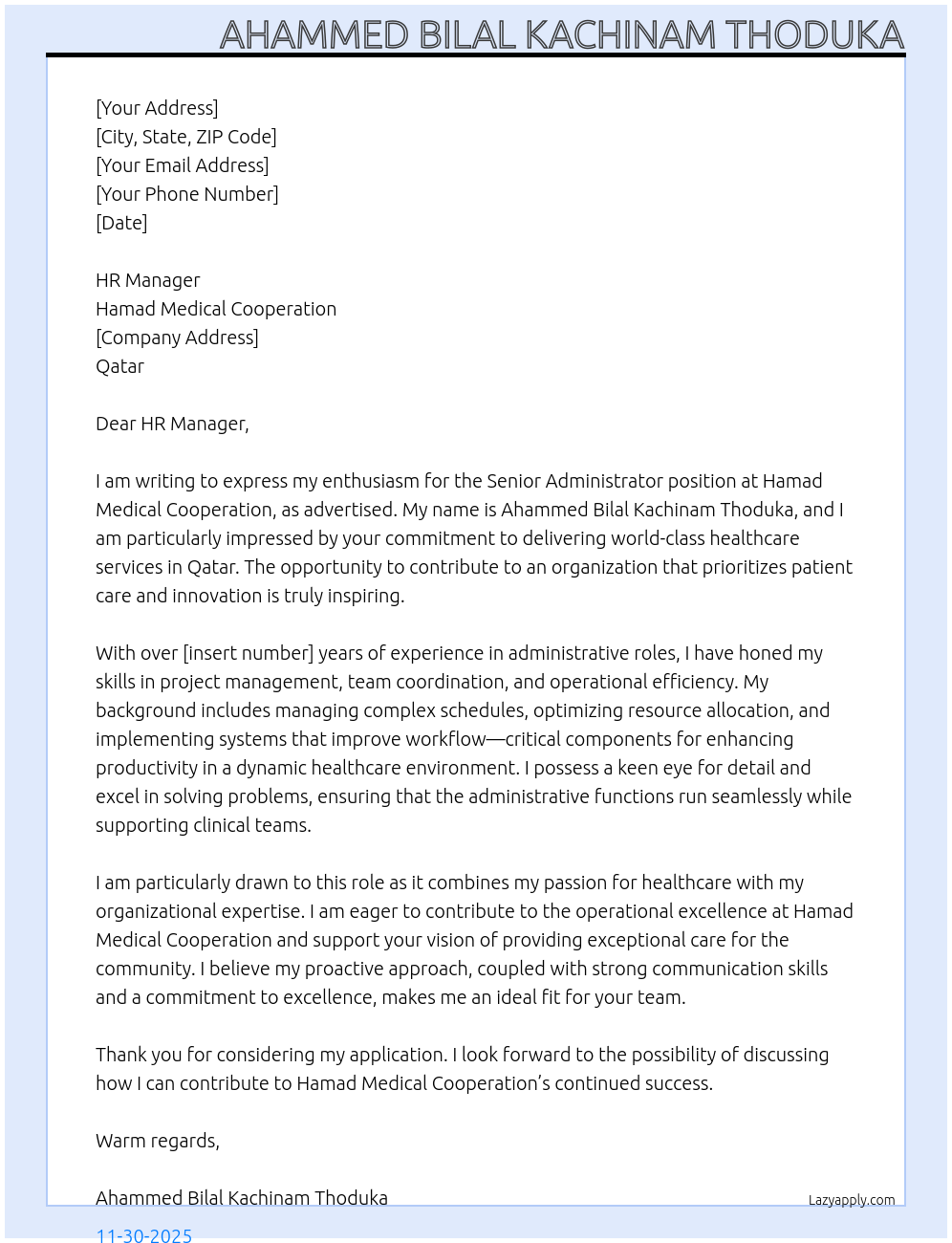 Cover letter for senior administrator - LazyApply