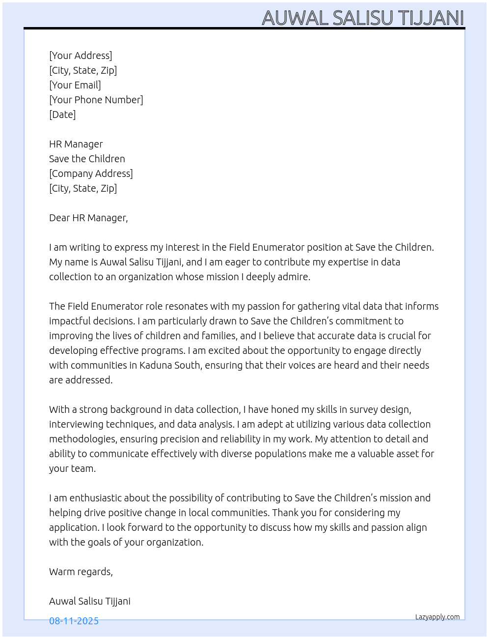 Field enumerator At Save the children Cover Letter