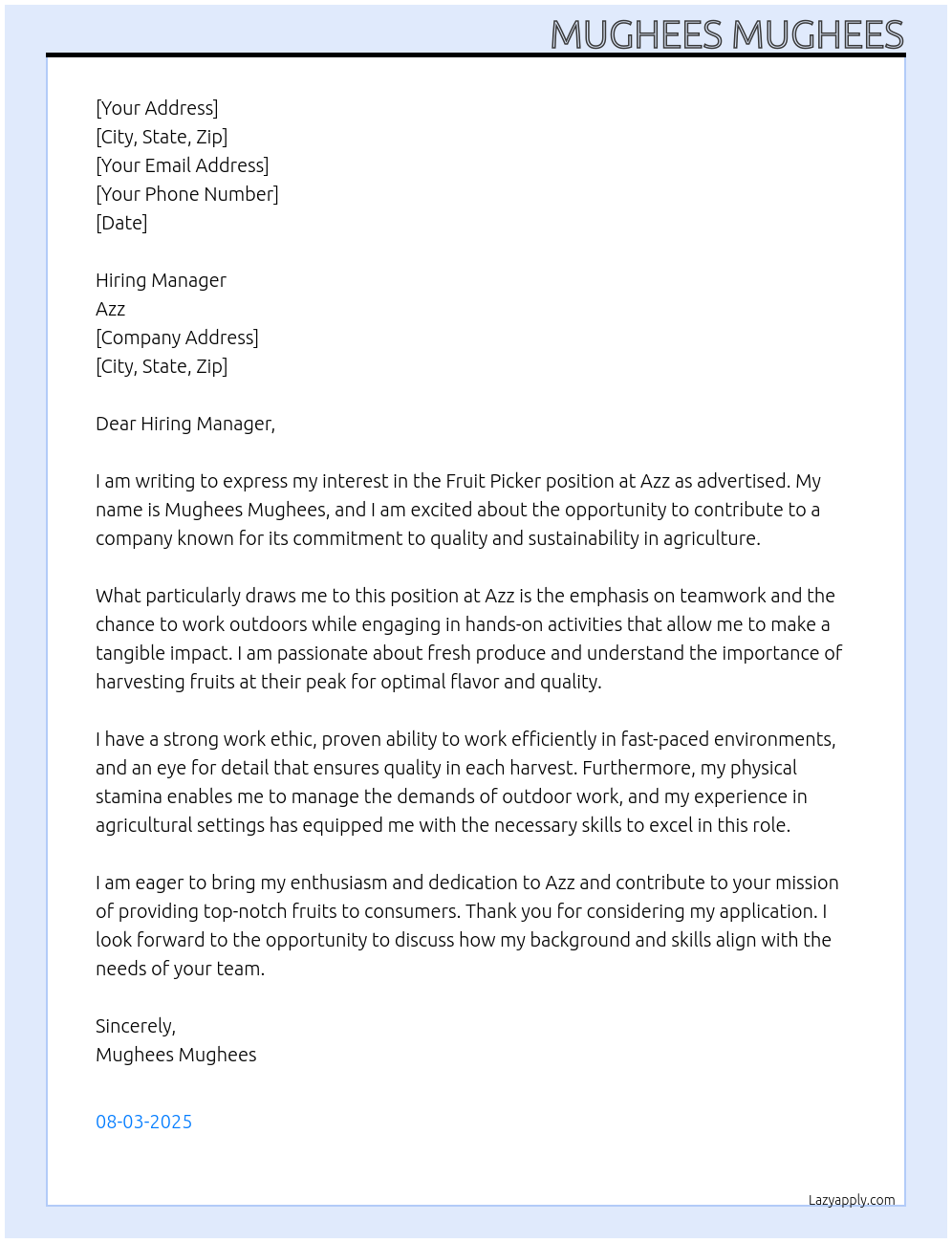 fruit picker At azz Cover Letter