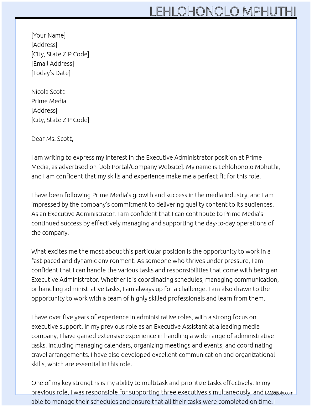 Executive Administrator At Prime Media  Cover Letter