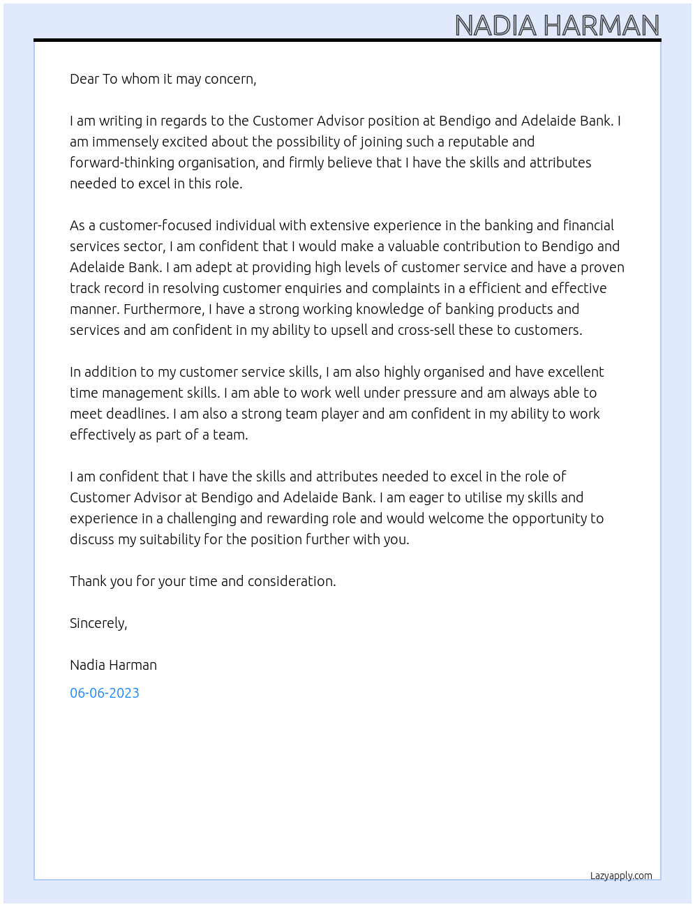 Customer Advisor At Bendigo and Adelaide Bank Cover Letter