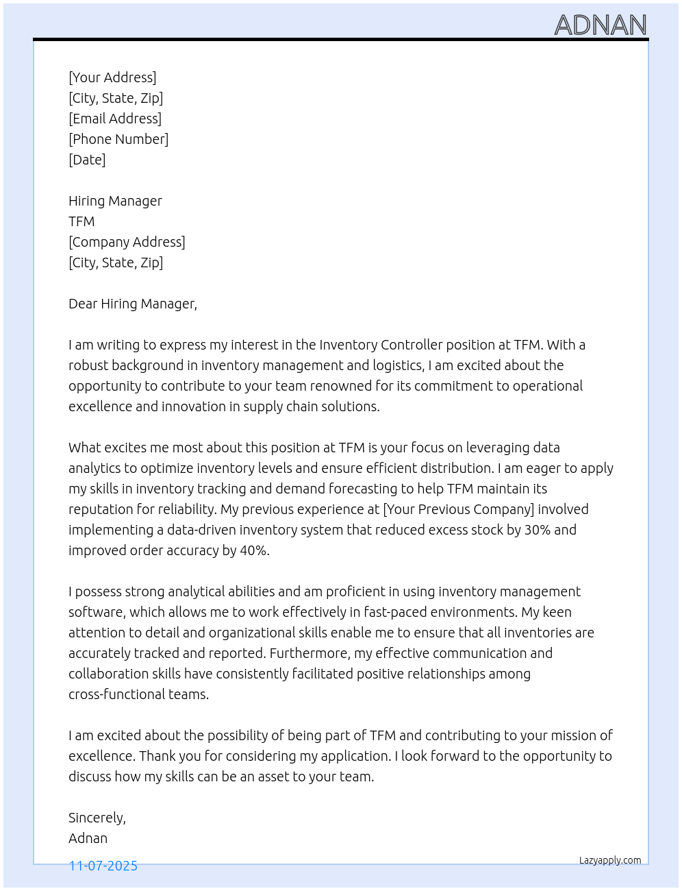 Cover letter for inventory controller - LazyApply