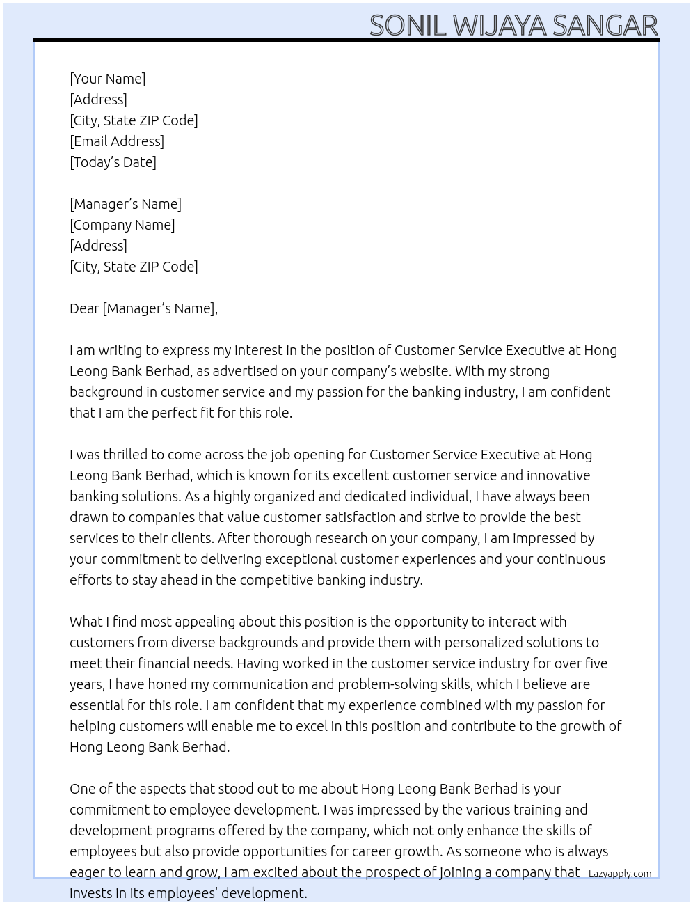 Customer Service Executive At Hong Leong Bank Berhad Cover Letter