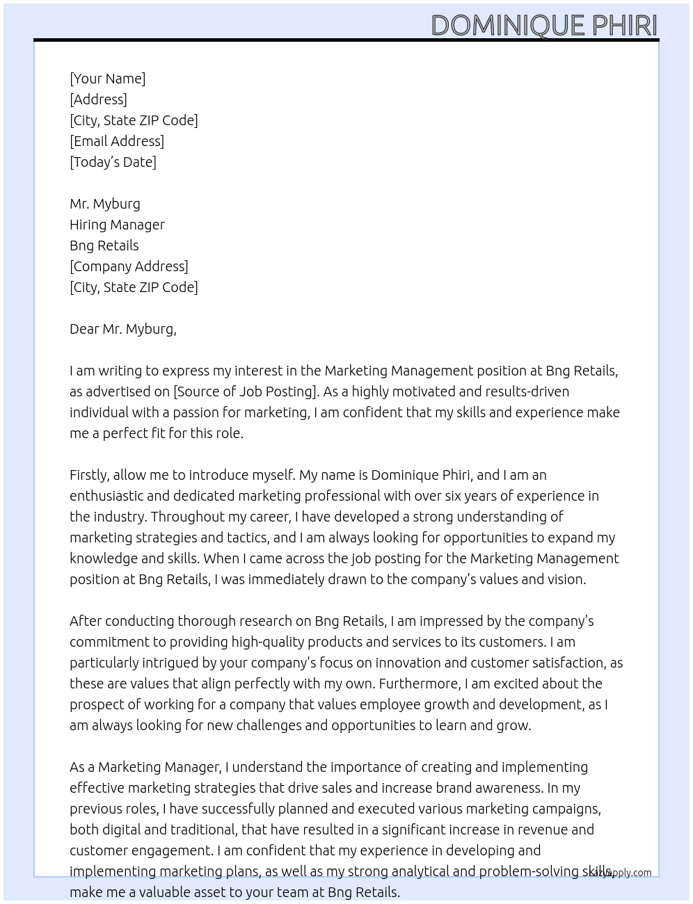 Marketing management  At Bng retails Cover Letter