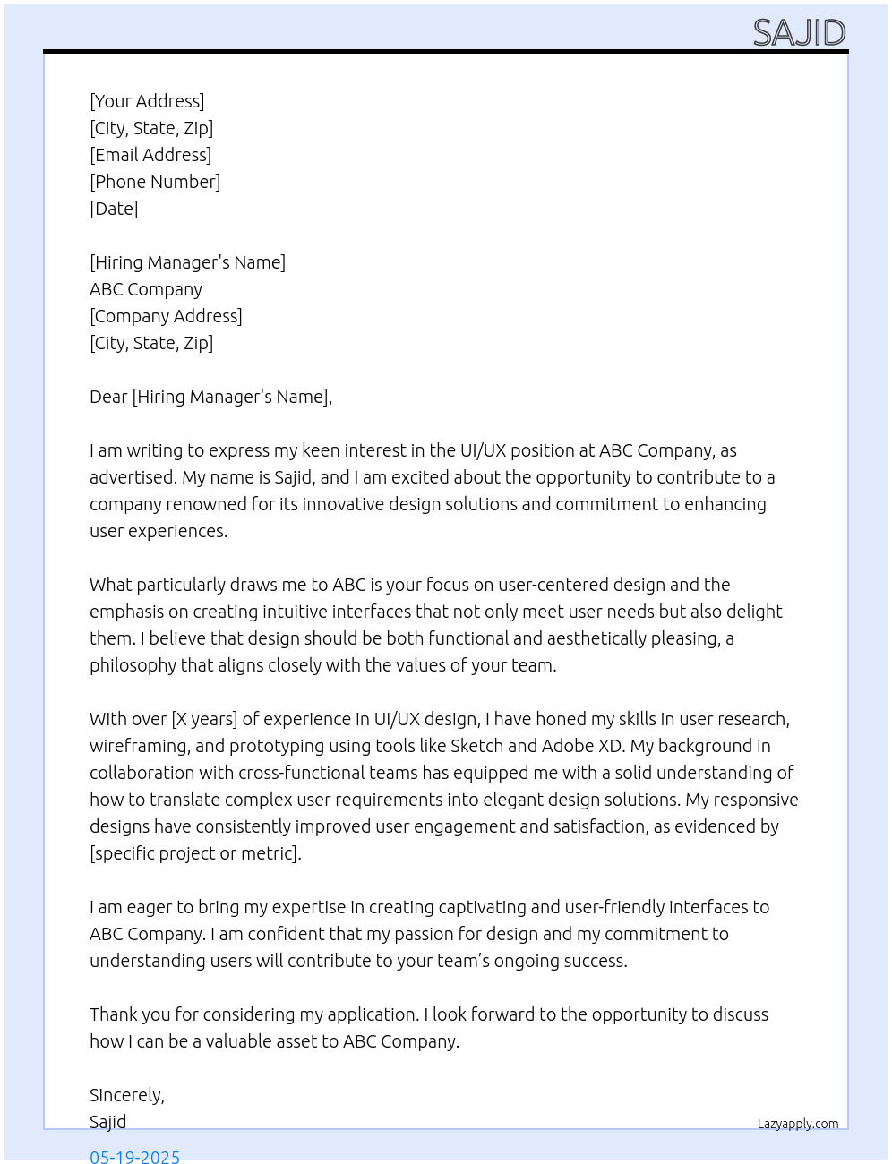 Cover letter for ui/ux - LazyApply