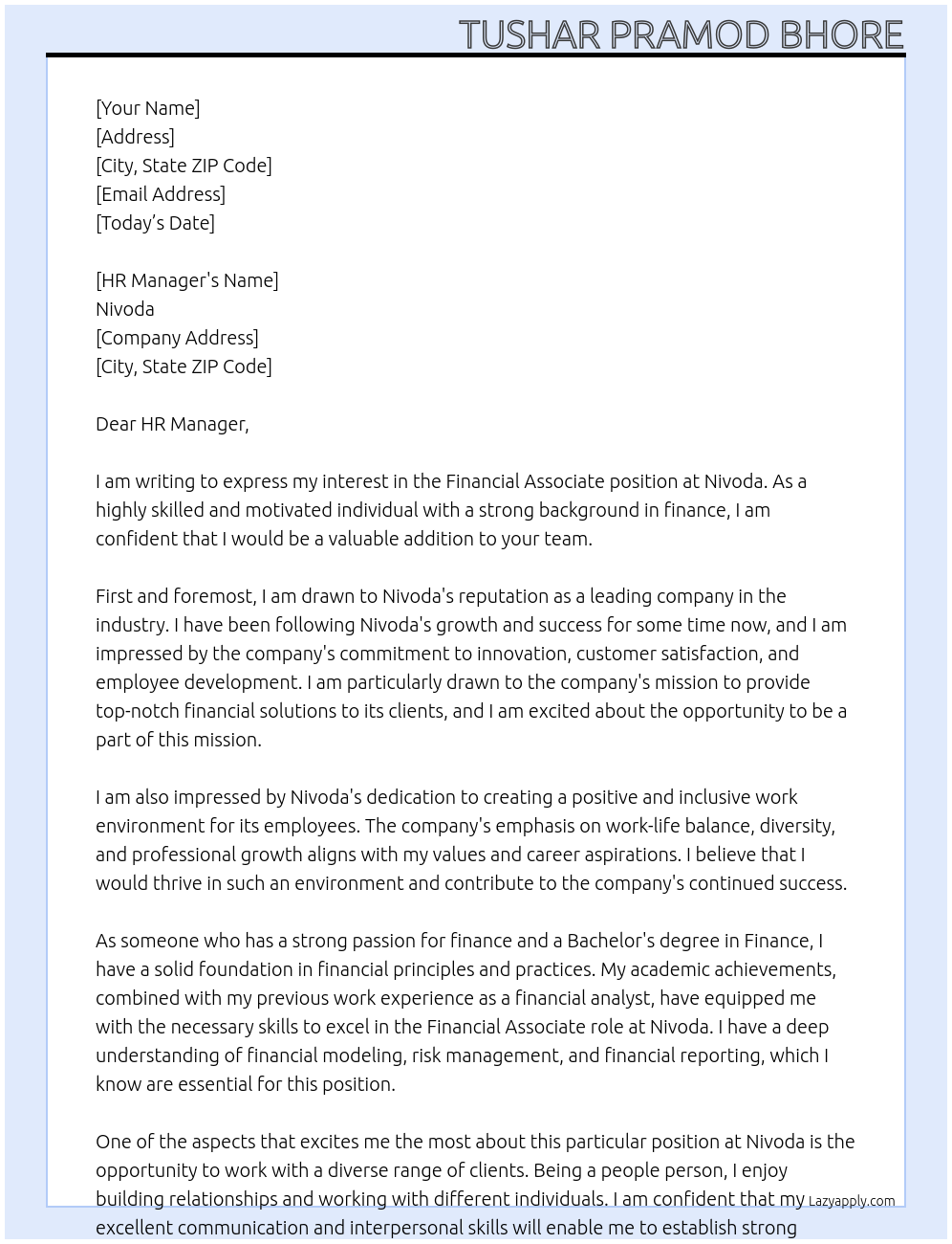 financial Associate At Nivoda Cover Letter