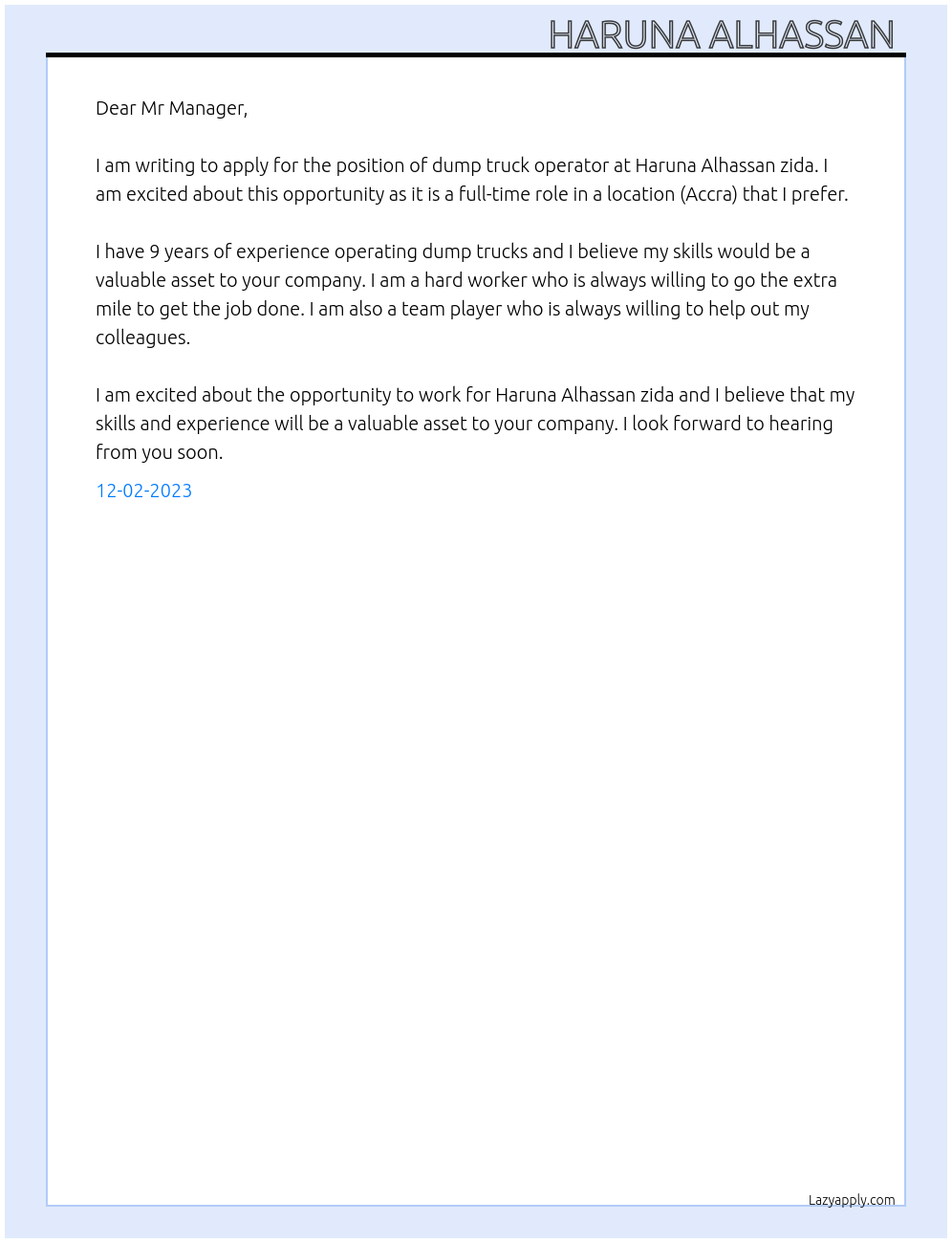 Dump truck operator At Haruna Alhassan zida Cover Letter