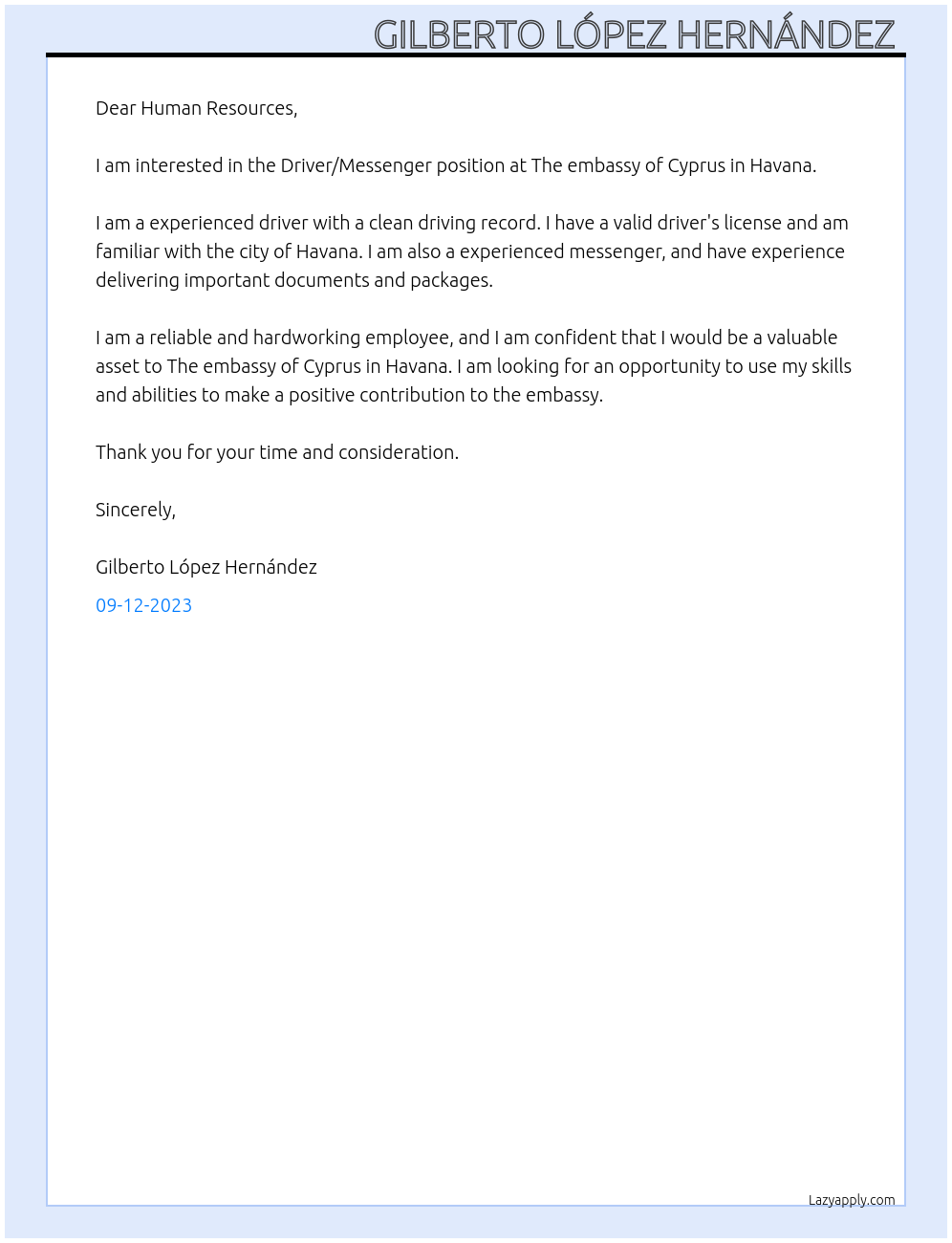 Driver/Messenger At The embassy of Cyprus in Havana Cover Letter