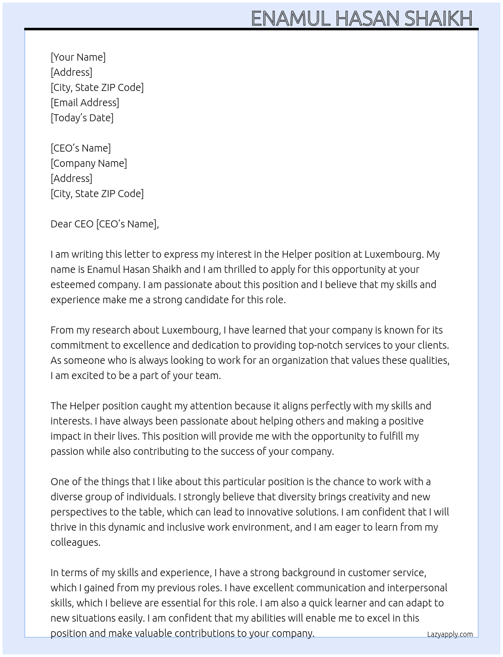 Helper  At Luxembourg  Cover Letter