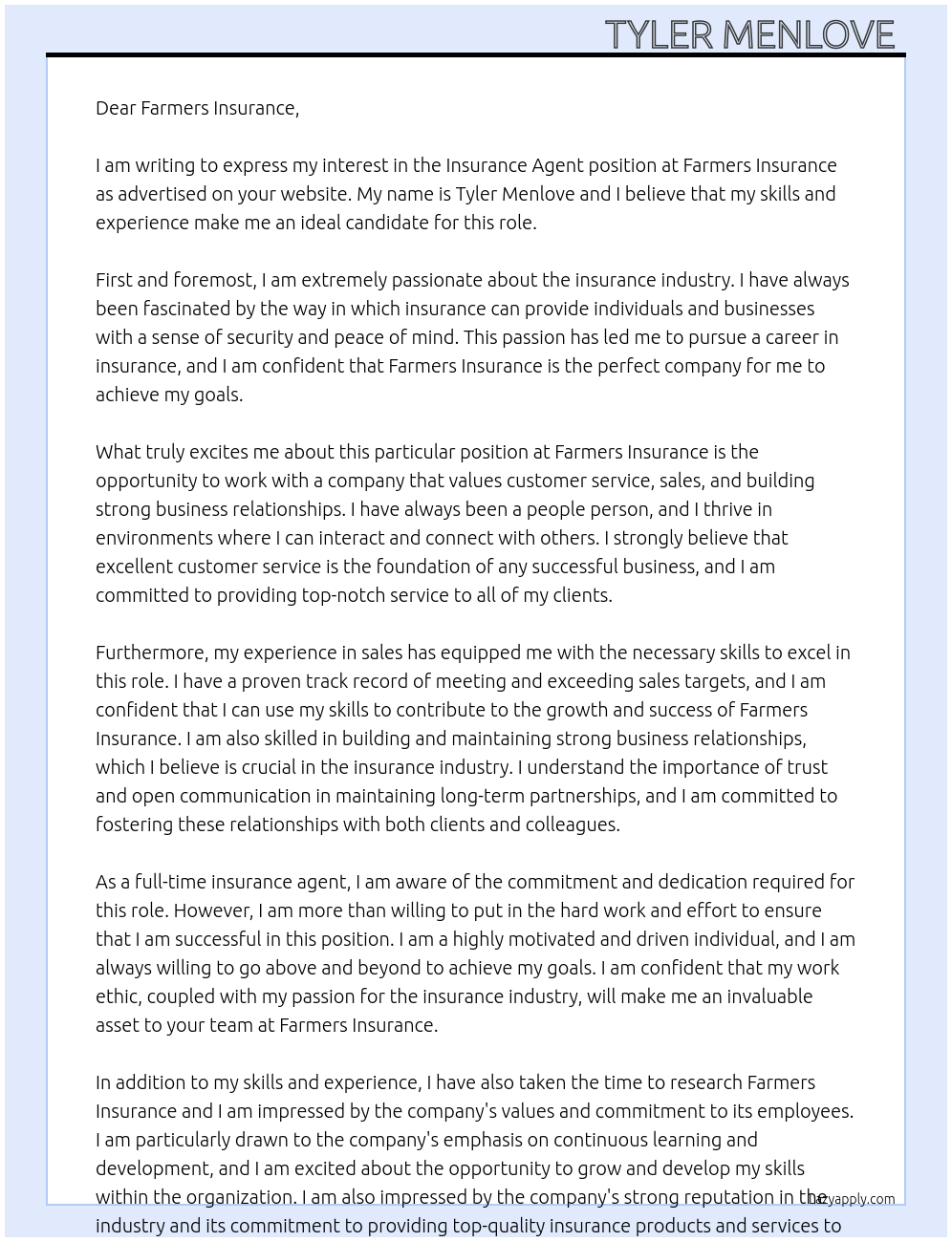 Insurance agent At Farmers Cover Letter