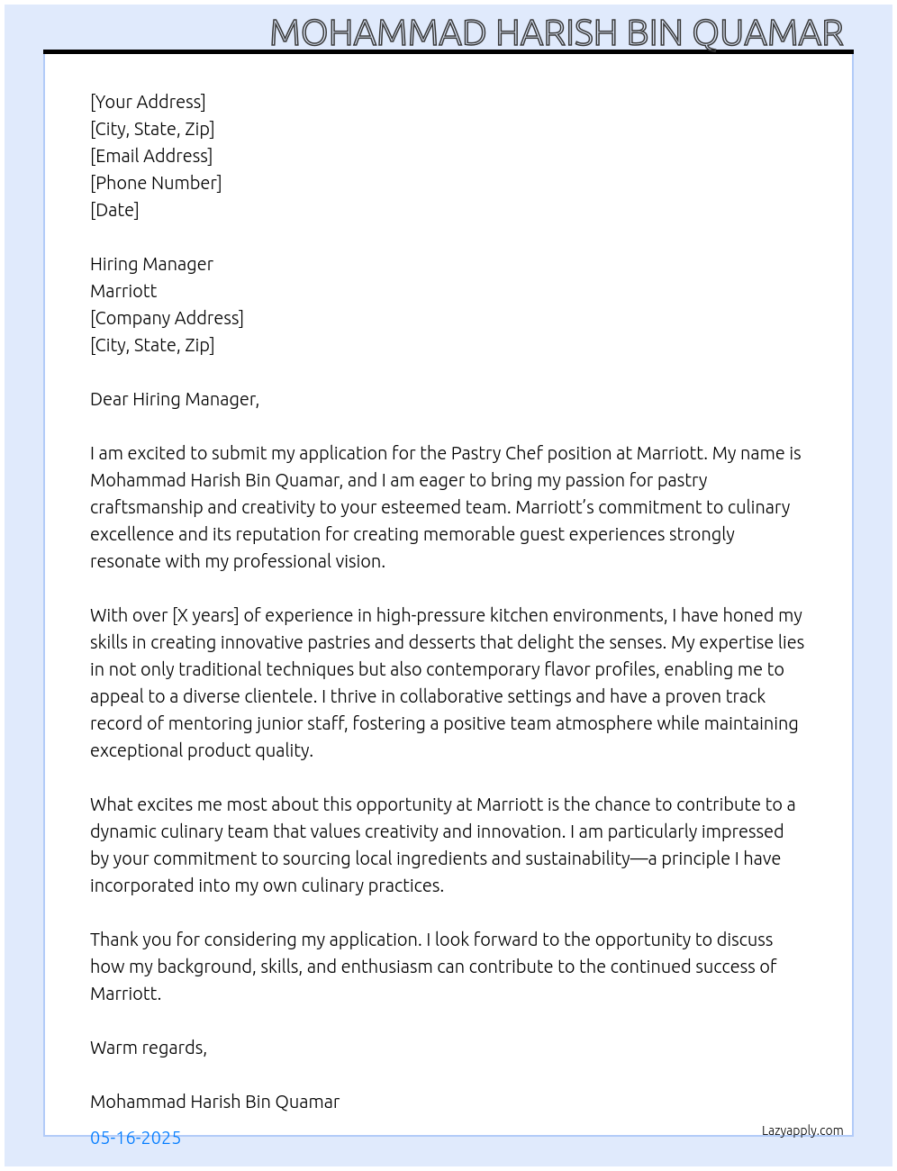 Pastry Chef At Marriott Cover Letter