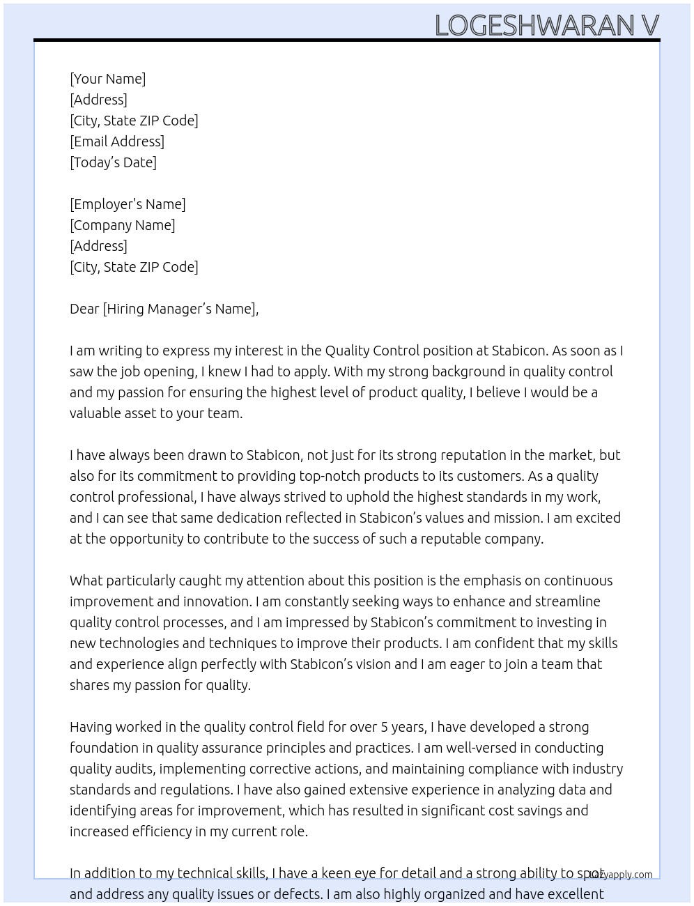 Quality control At Stabicon Cover Letter