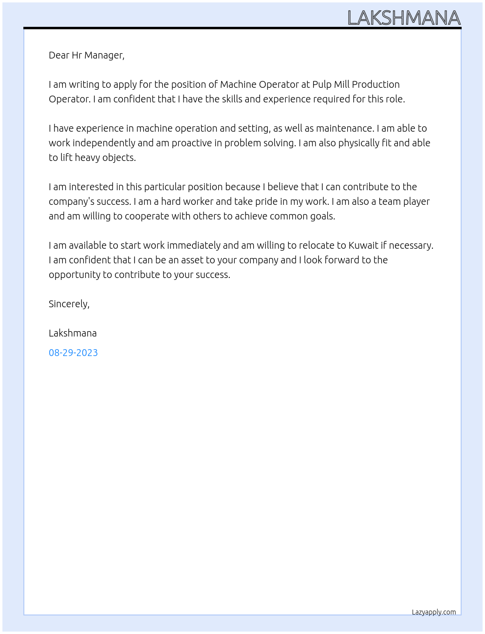 Machine operator At Pulp mill production operator Cover Letter