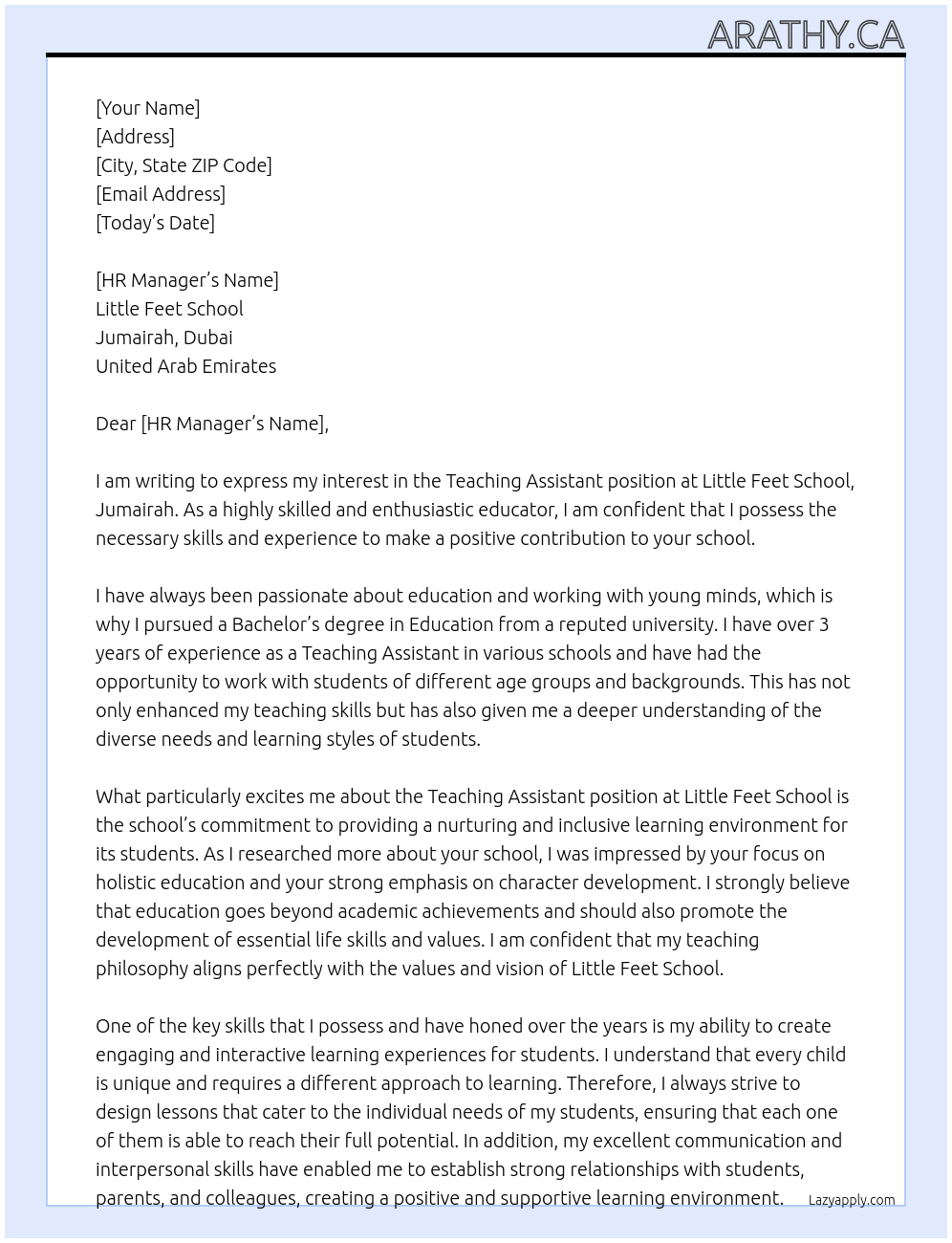 Teaching assistant At Little feet school ,jumairah Cover Letter