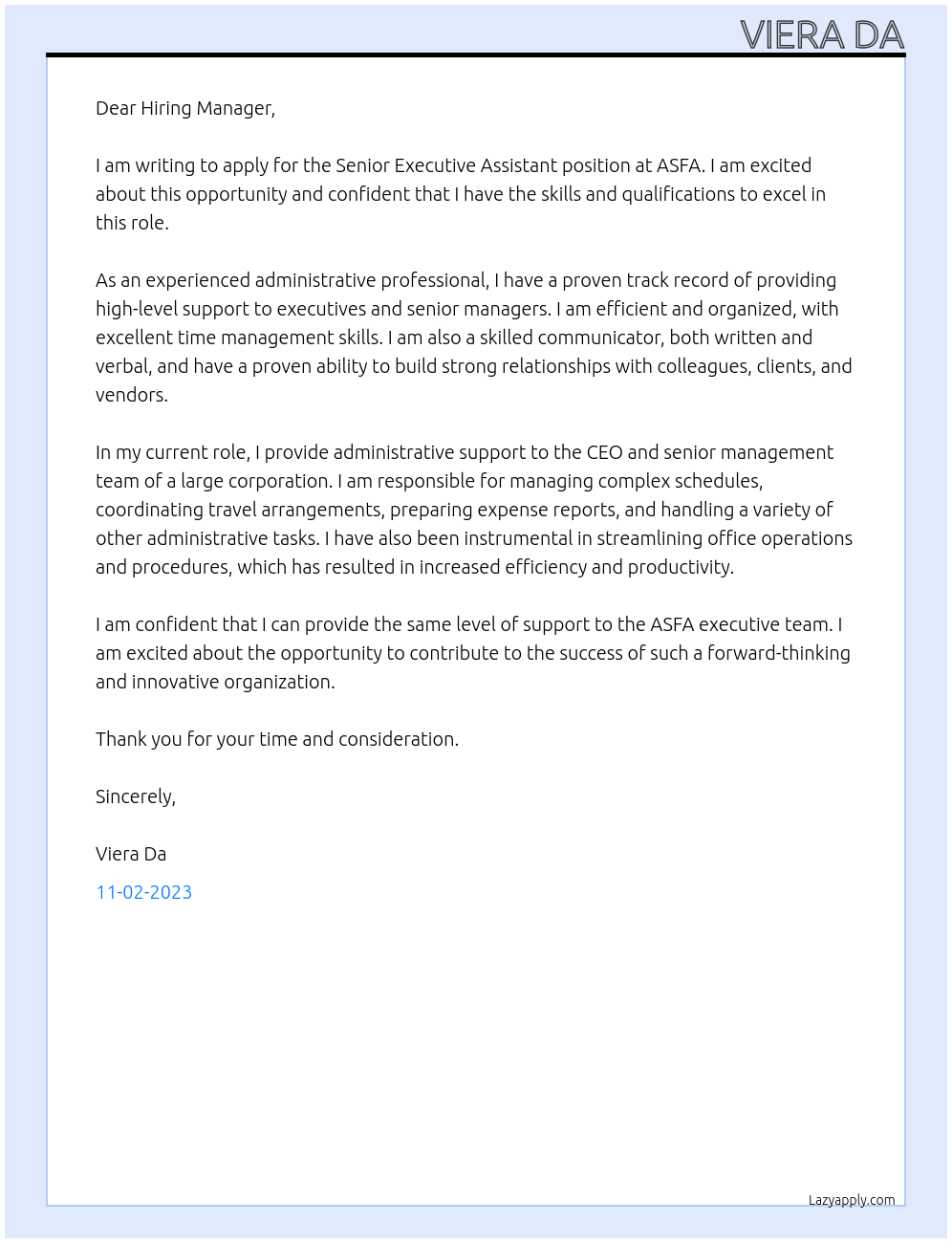 Senior Executive Assistant At ASFA Cover Letter