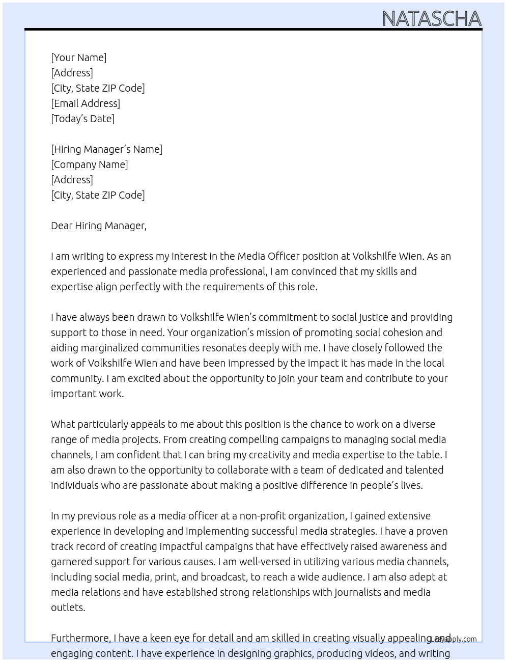 Media officer At Volkshilfe Wien Cover Letter