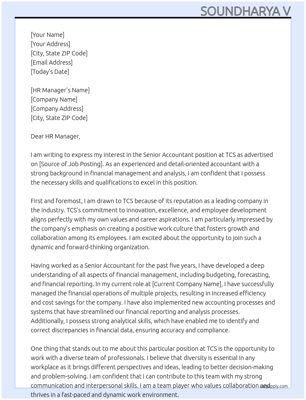 Senior Accountant At TCS Cover Letter