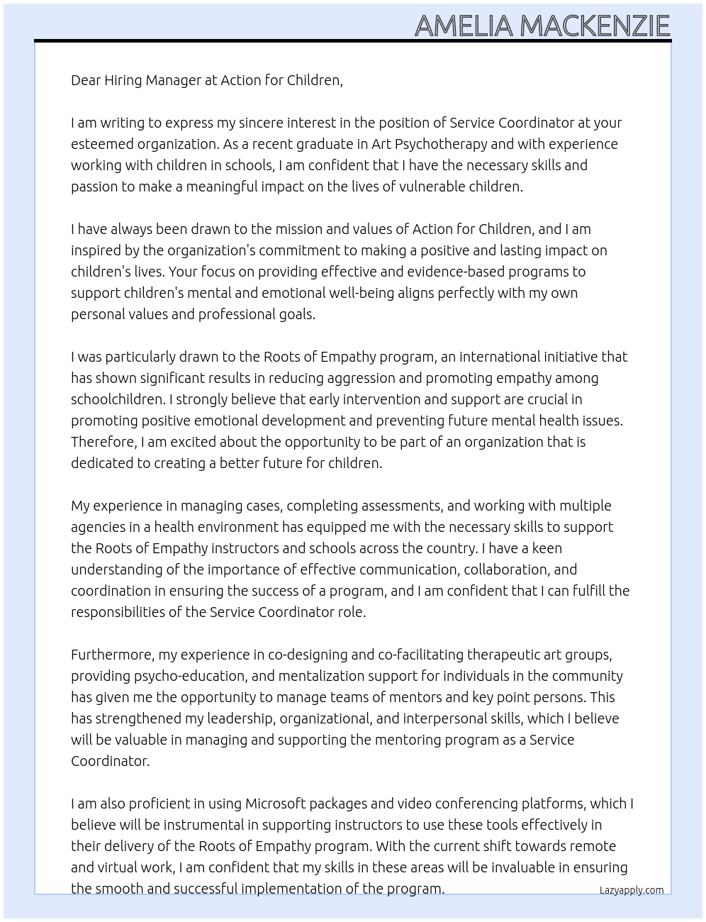 Service Co-Ordinator At Action for children  Cover Letter