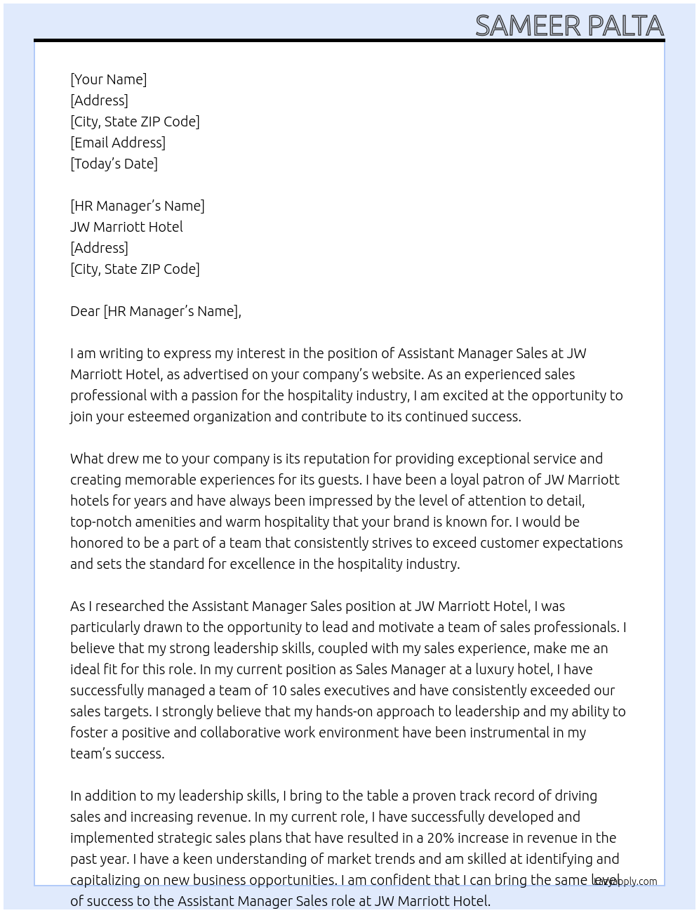 Assistant Manager Sales At JW Marriott Hotel Cover Letter