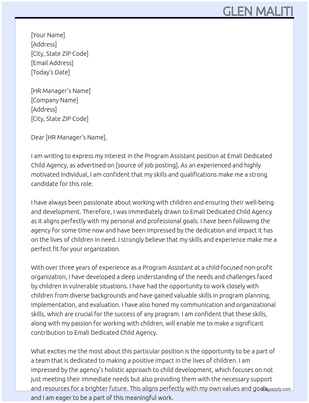 program assistant At emali dedicated child agency Cover Letter