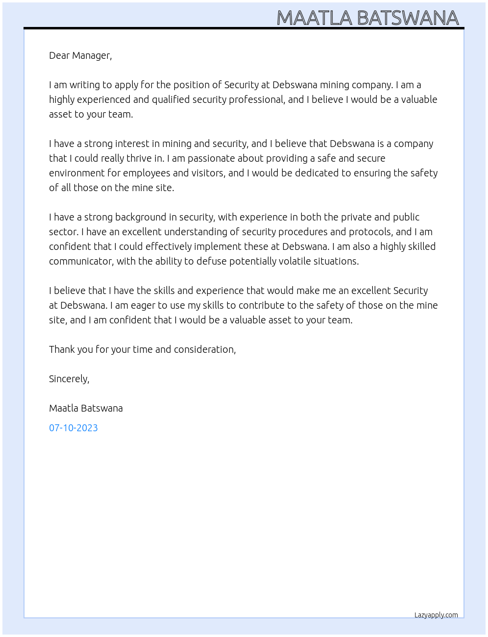 Security  At Debswana mining company  Cover Letter